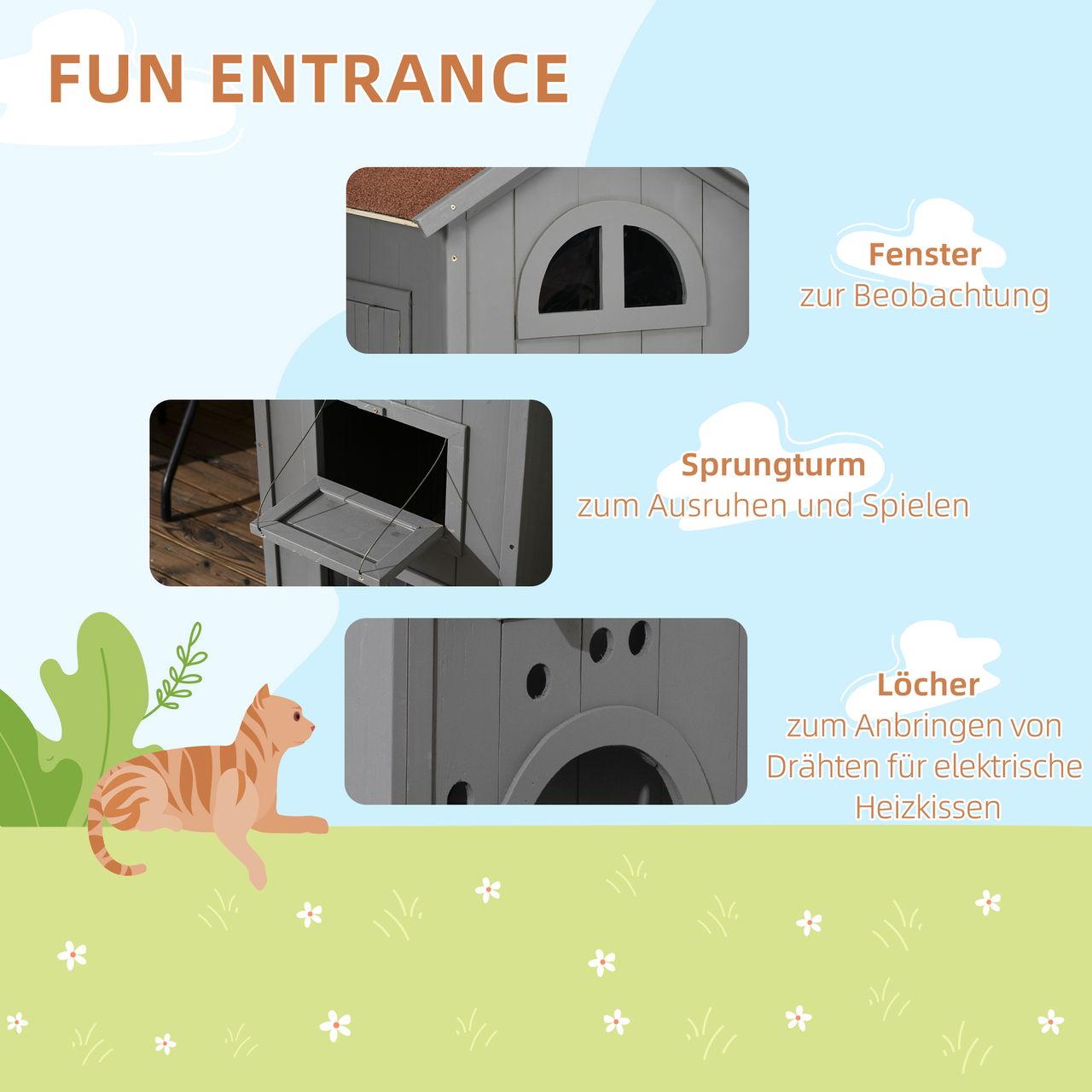 PawHut Katzenhaus für Katzenbett oder Katzentoilette, Katzenschrank, Katzenklo Indoor, Tannenholz, Asphaltdach, Grau   Weiß, 59 x 55 x 109 cm