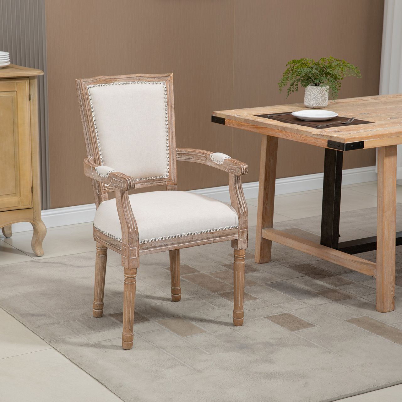 HOMCOM Esszimmerstuhl Küchenstuhl mit Armlehne im Vintage Design Linen Optik