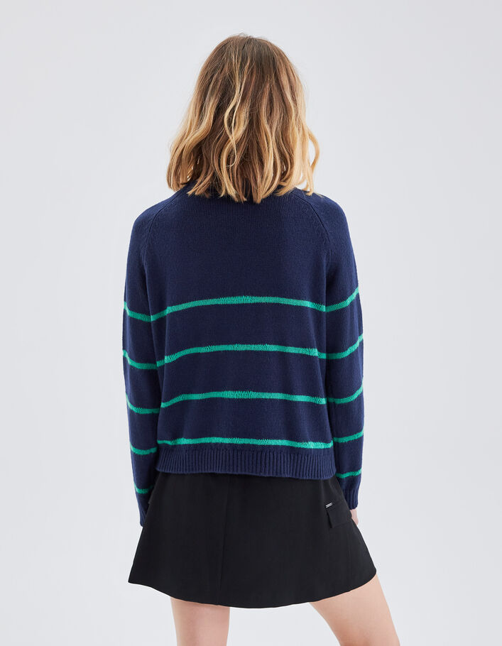 Pull marine tricot à rayures vertes Femme