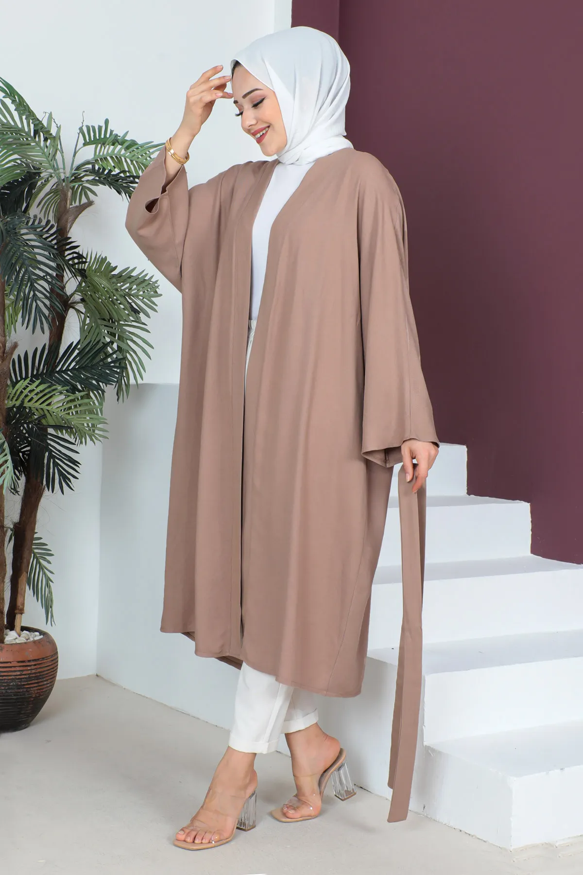 Tesettür Dünyası  Kimono mit Taillengürtel TSD230513 Nerz