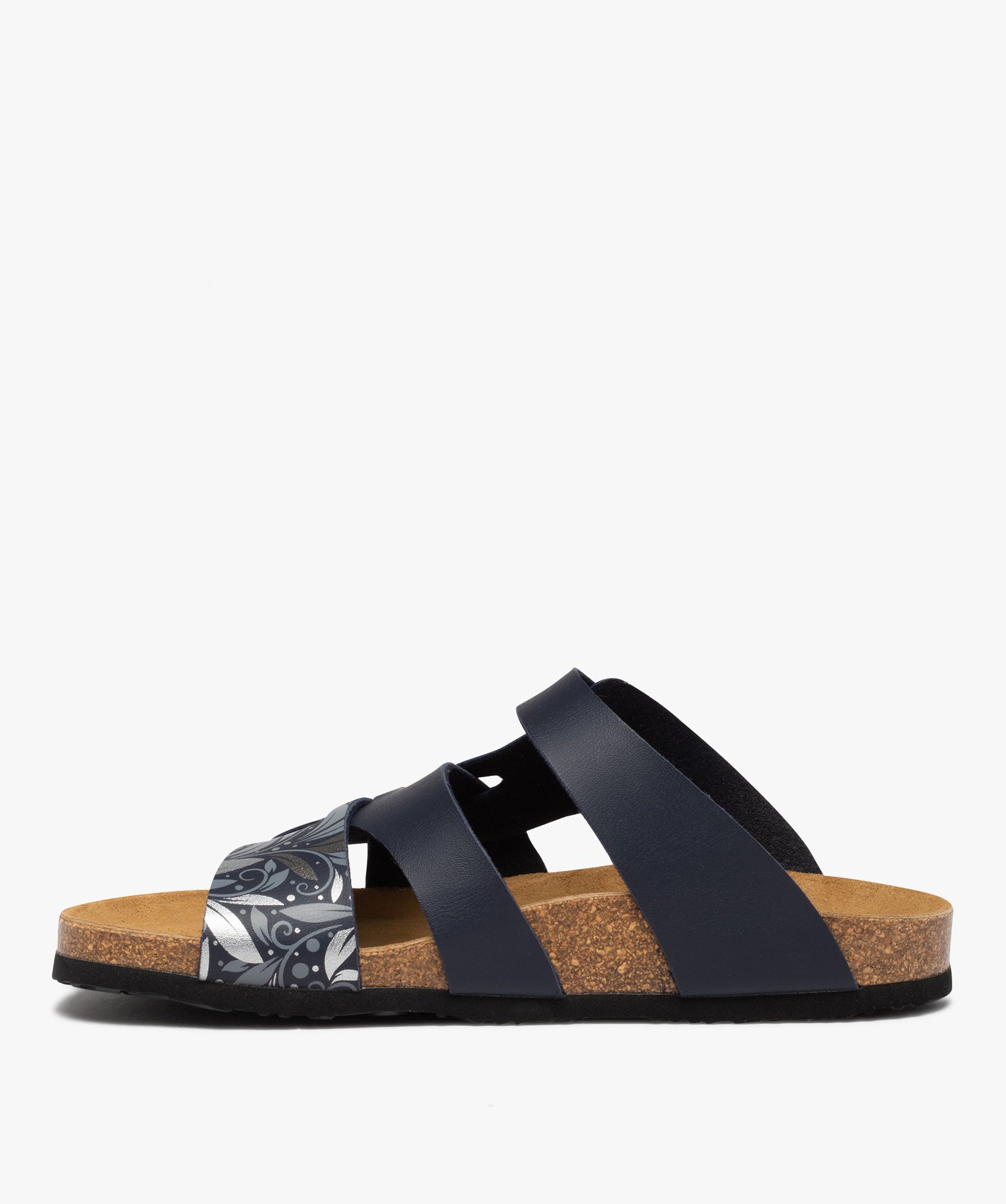 Mules femme à talon plat et brides multiples imprimées bleu | GEMO