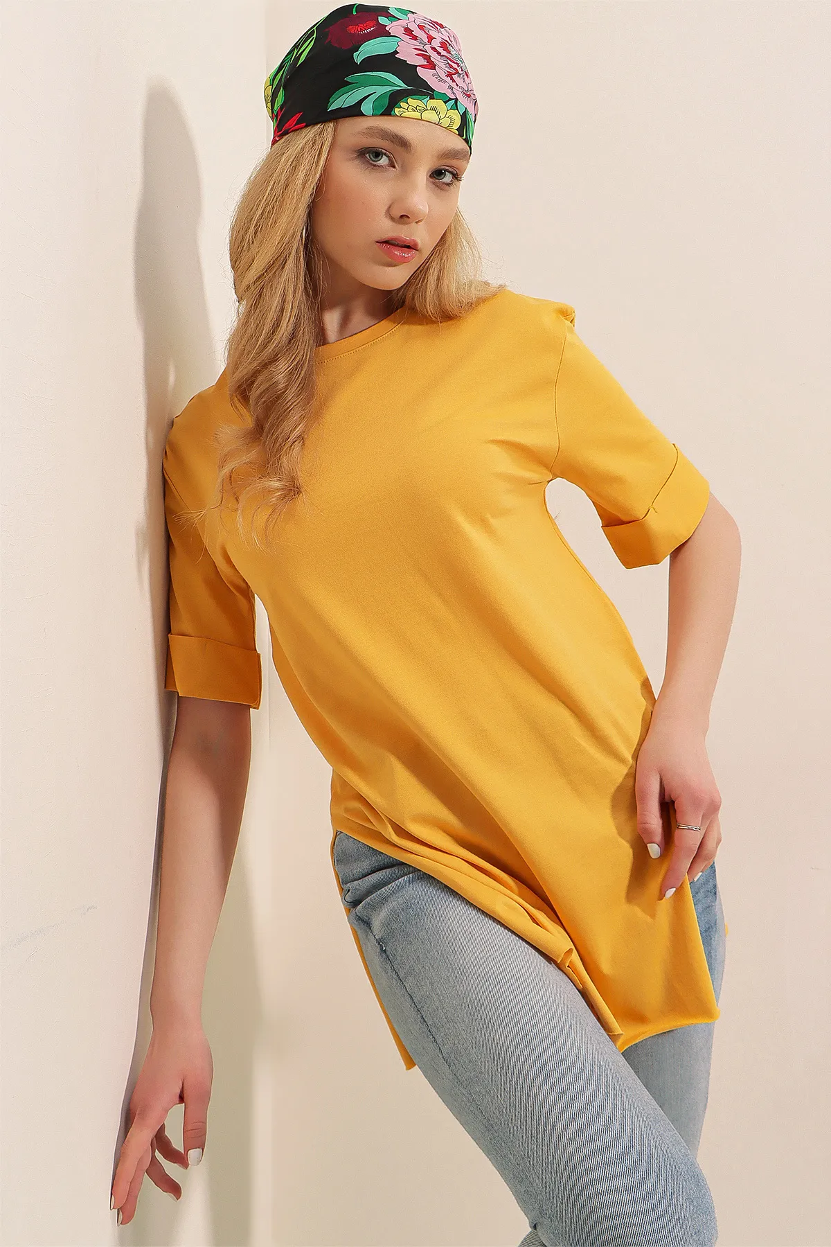 Bigdart  4123 Übergroßes T-Shirt mit Schlitz – Senf