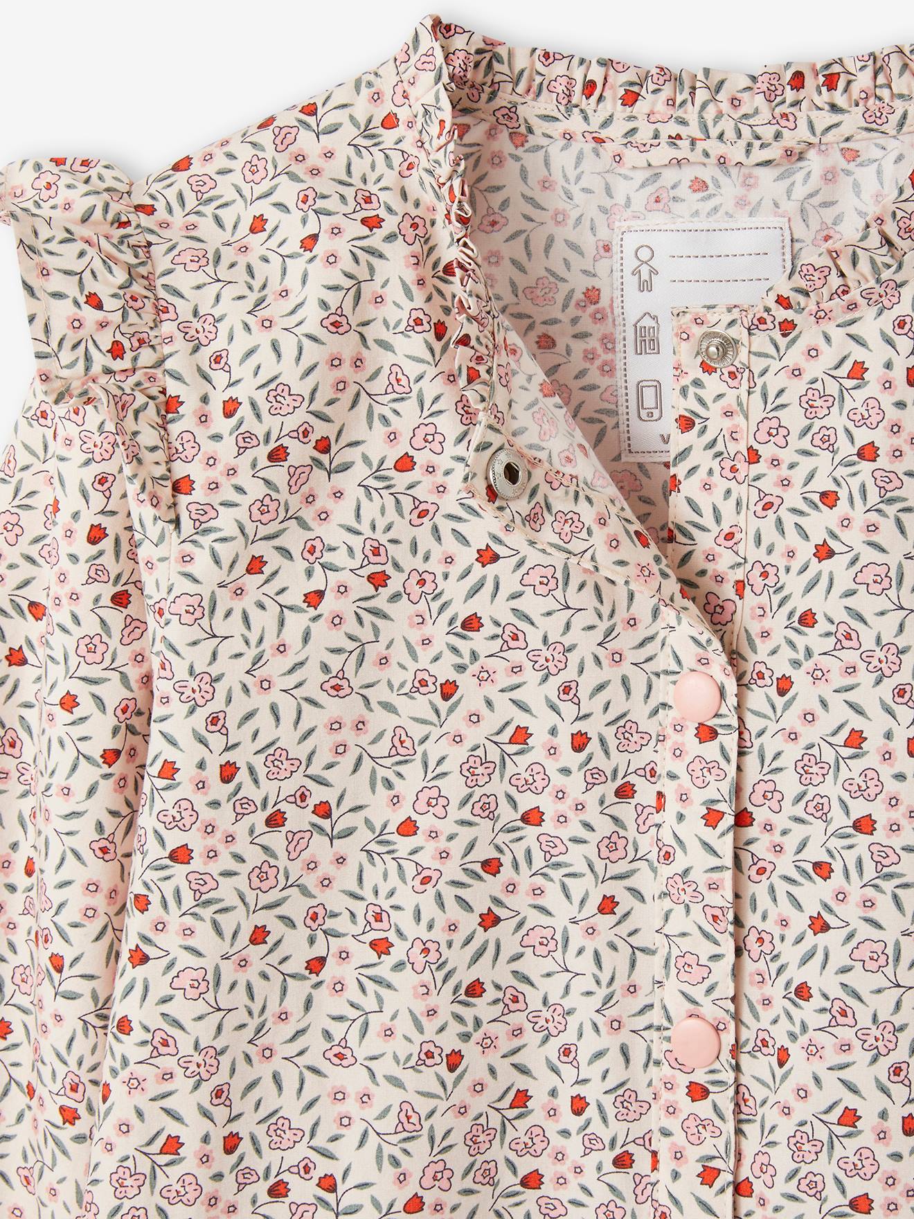 Tablier à fleurs personnalisable fille manches volantées rose