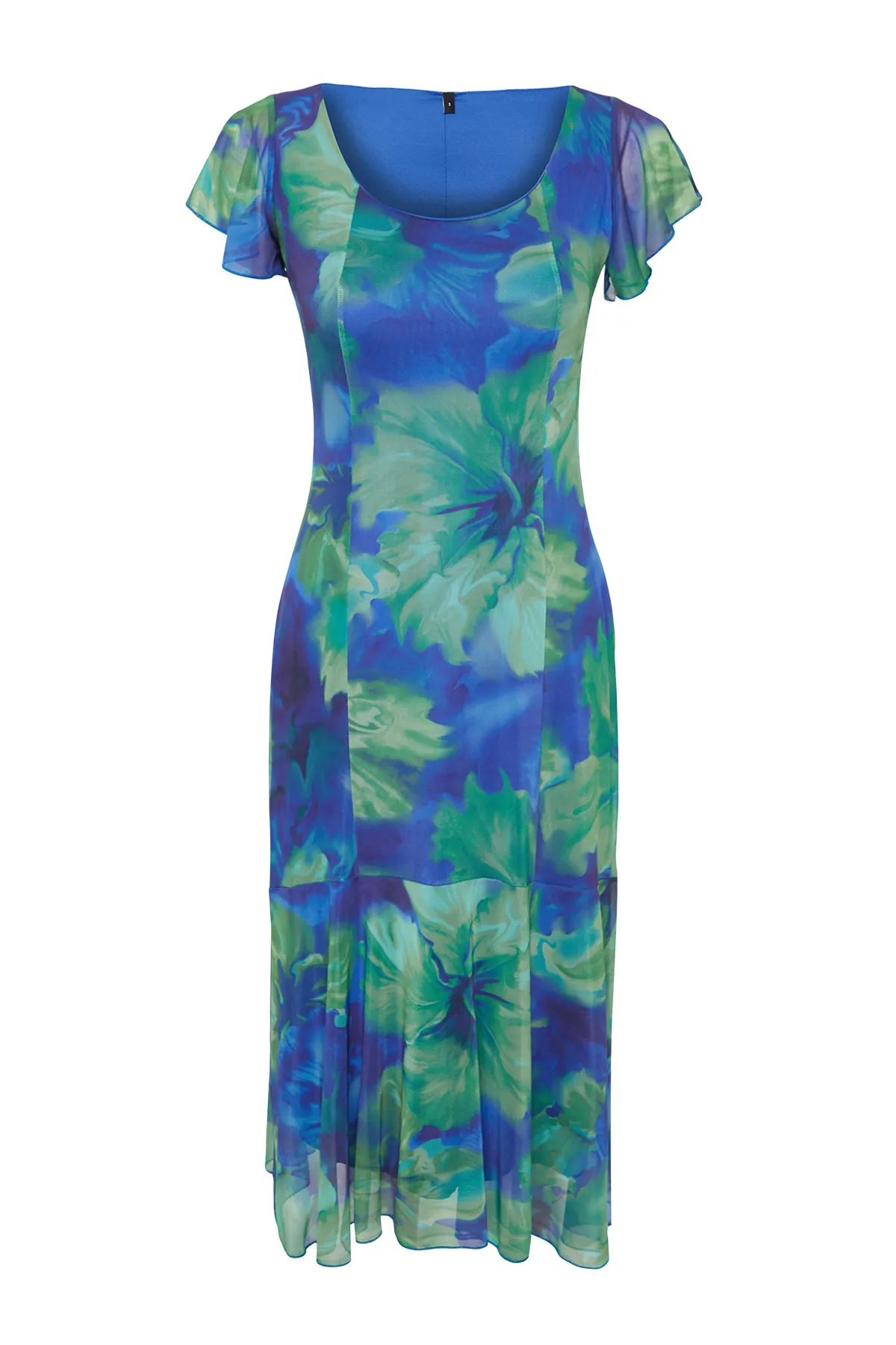 Trendyol Collection  Blaues florales Midi-Strickkleid mit quadratischem Kragen in A-Linie/Glockenform TWOSS24EL00876