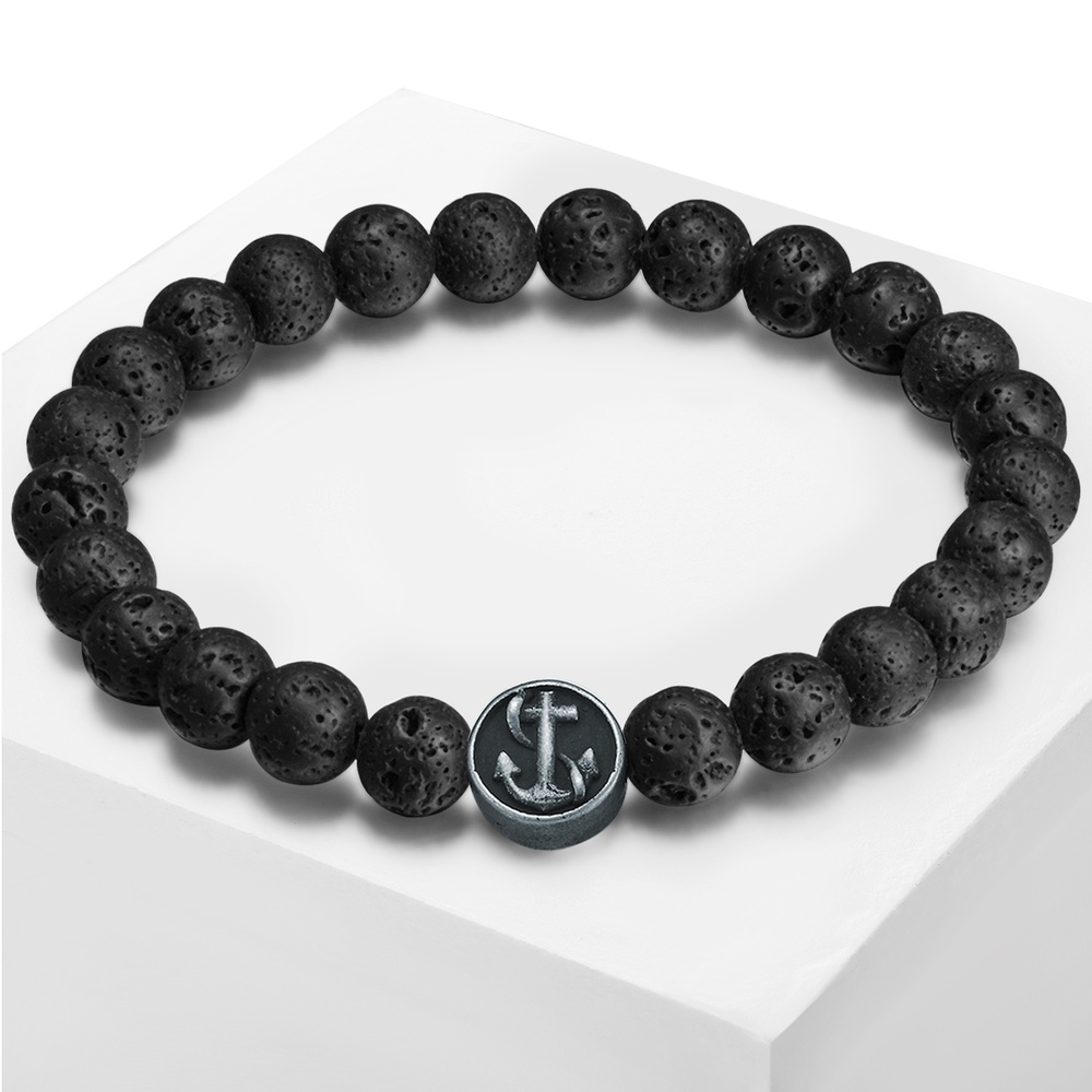 True Rebels Bracelet en pierres précieuses Ancre Acier inoxydable Pierre de lave Noir Bracelet