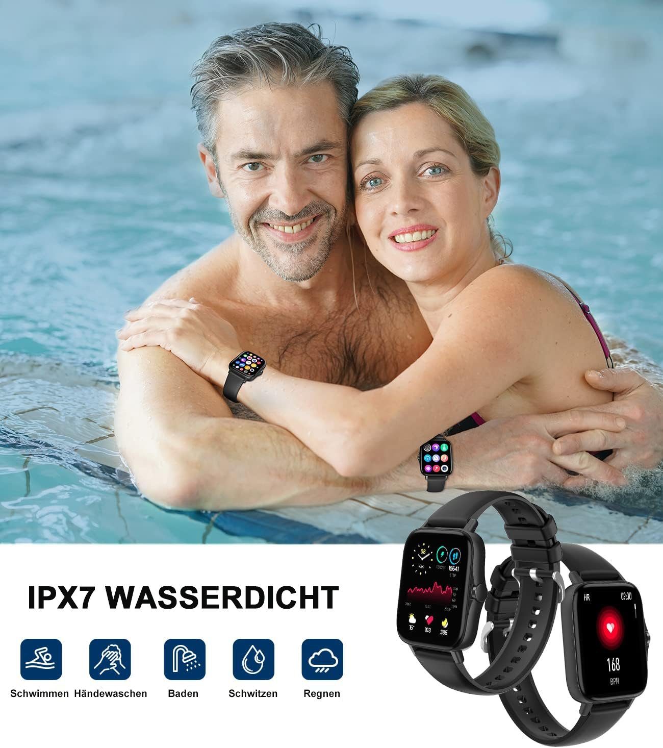 ombar Smartwatch für Damen Herren, 1,7 Zoll Touchscreen mit Bluetooth Anrufe Smartwatch (mit Herzfrequenzmonitor Schlafmonitor Schrittzähler, Sportuhr für iOS Android cm/1,7 Zoll), IP67 Wasserdicht Fitnessuhr