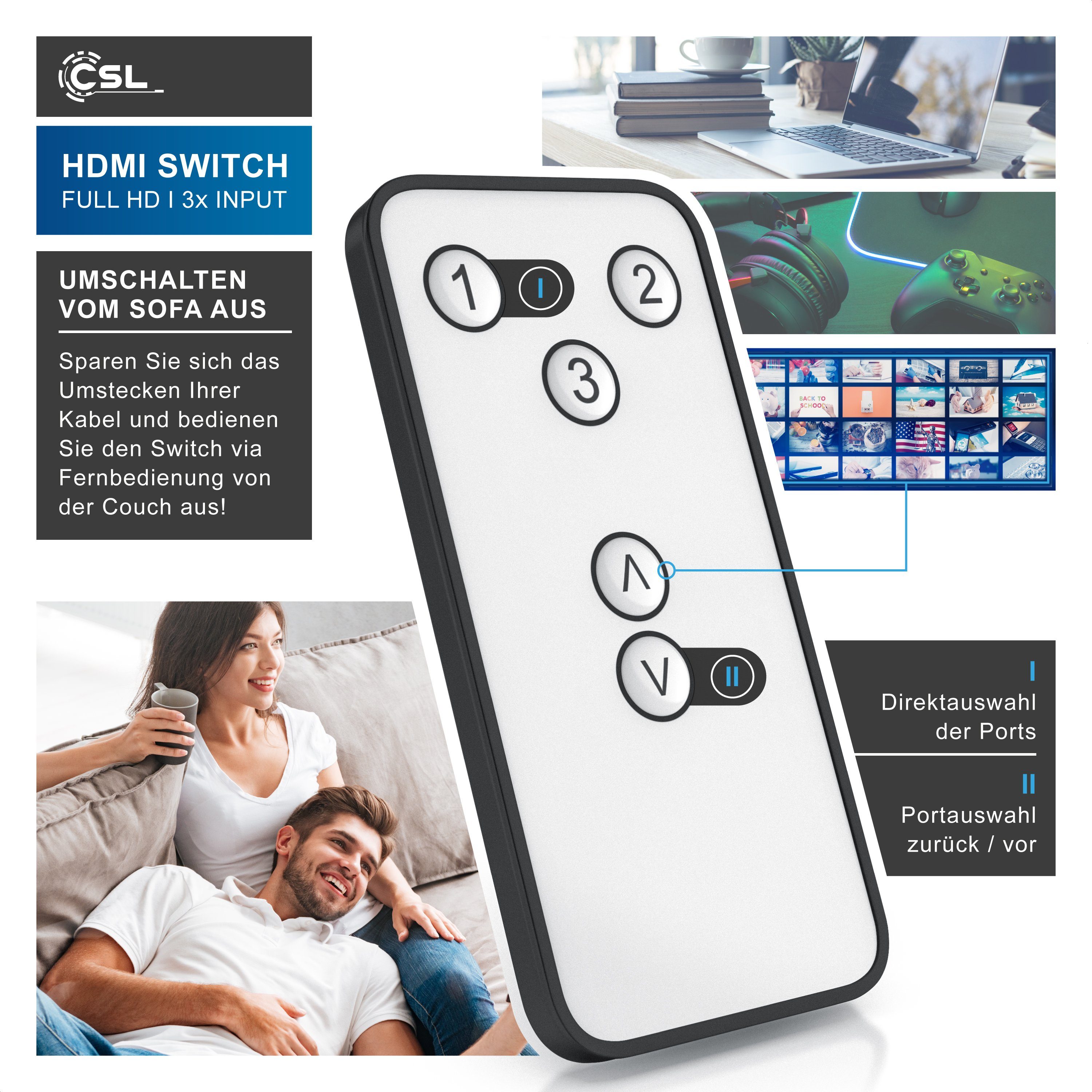 CSL Audio / Video Matrix-Switch, 3-Port HDMI Verteiler mit Verstärker, 3D, Full HD, inkl. Fernbedienung