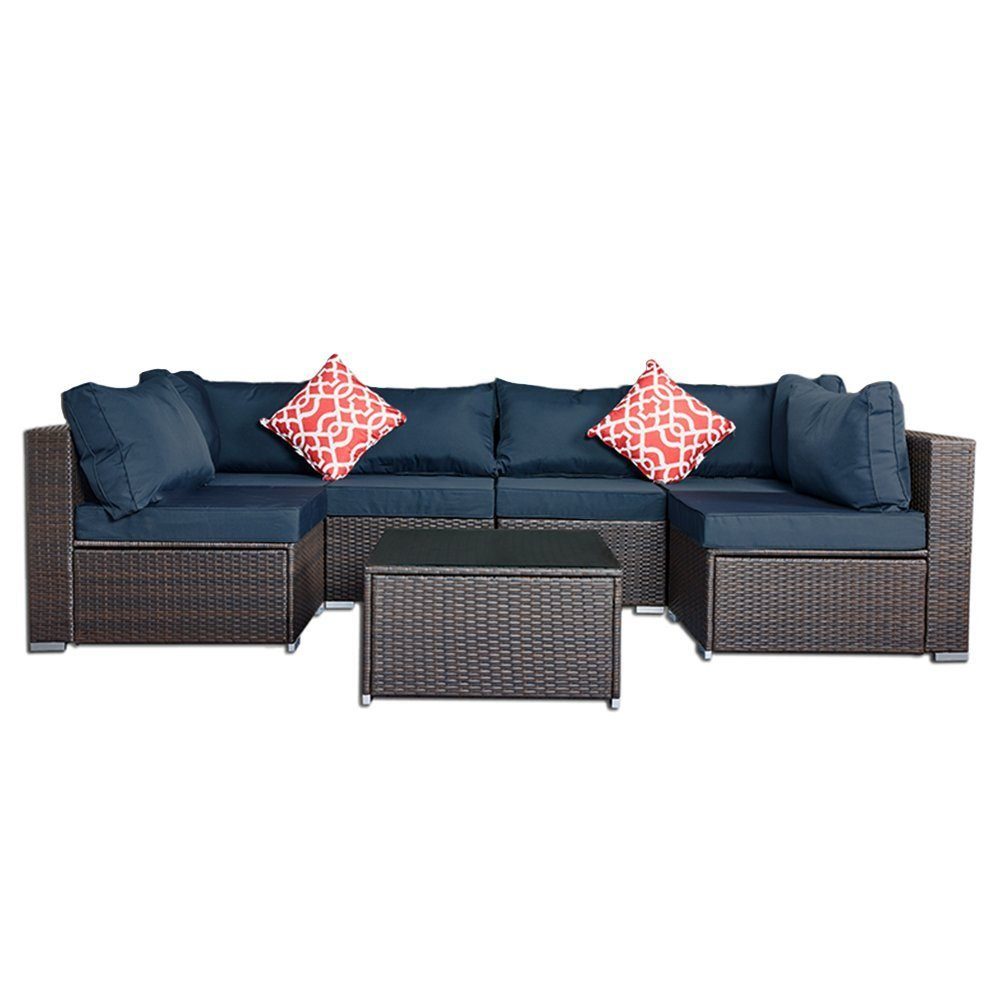 Melko Gartenlounge-Set Rattanmöbel Gartengarnitur Gartenmöbel Sitzgruppe Sofa in Braun Blau Schwarz Rot Sitzkissen Lounge Polyrattan Möbel Sitzgarnitur Garnitur Garten Set Couch Gartenset Terrassenmöbel Essgruppe XXL Marineblau, (Stück), mit bequemer
