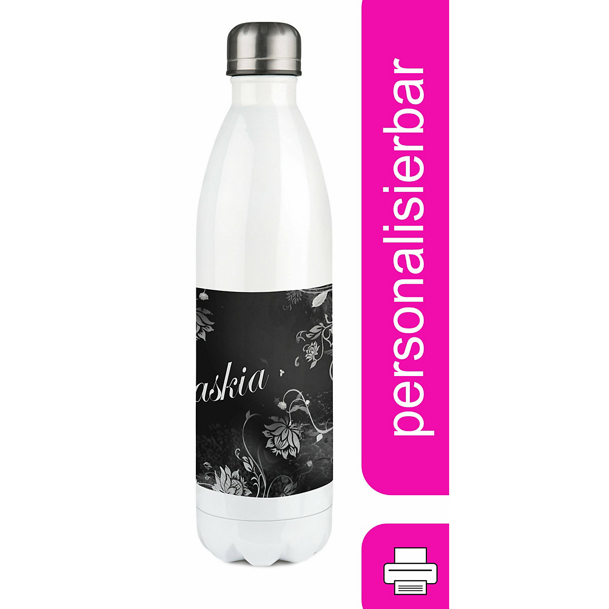 Edelstahl Kinder Thermoflasche / Trinkflasche bunt Blumenranke Farbe schwarz Spülmaschinenfest, Auslaufsicher, Bruchfest, Doppelwandig, Für Heißgetränke geeignet, Mit Deckel, Isoliert