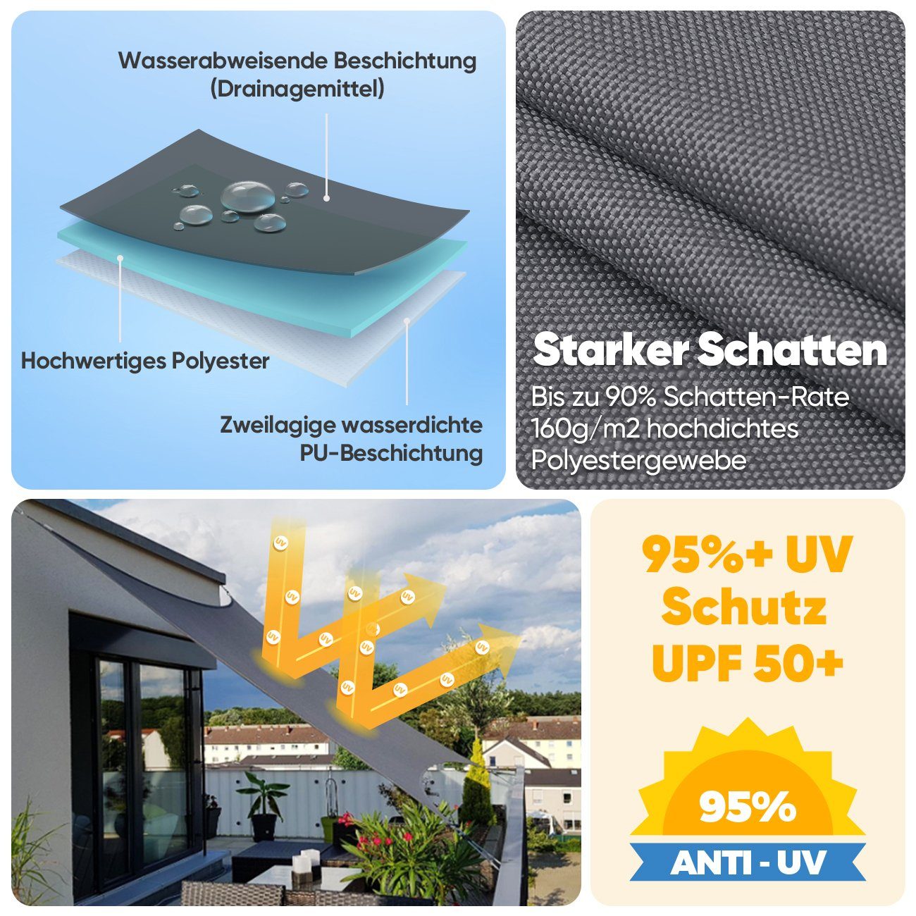 Sekey Sonnensegel Sonnensegel Wasserdicht PES Sonnenschutzsegel mit Seilen