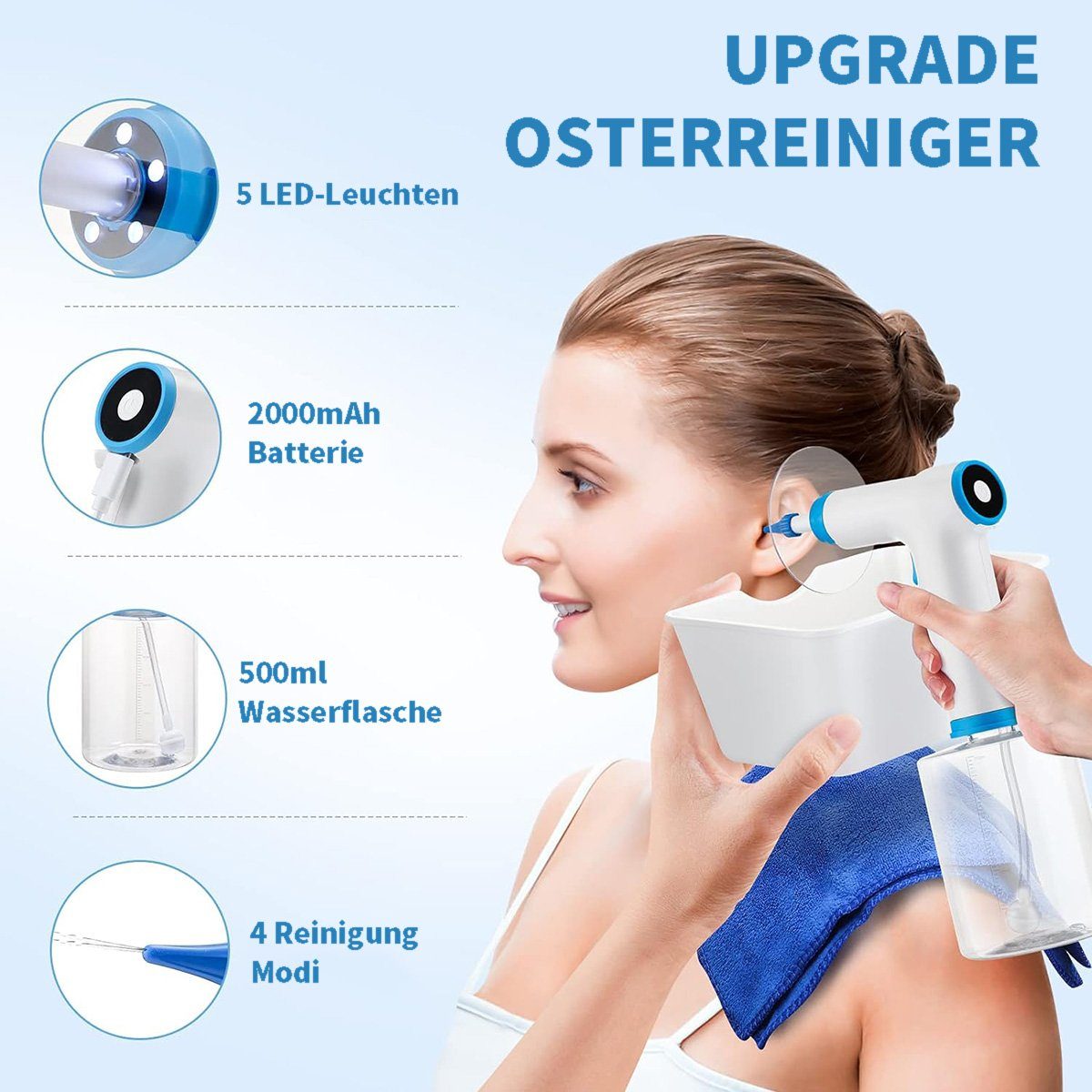 yozhiqu Ohrenreiniger Elektrisches Ohrenschmalz-Entfernungsset, Ohrspülsystem, 1-tlg., Tragbar, mit Ohrenschützern, 4 Modi für verschiedene Personengruppen