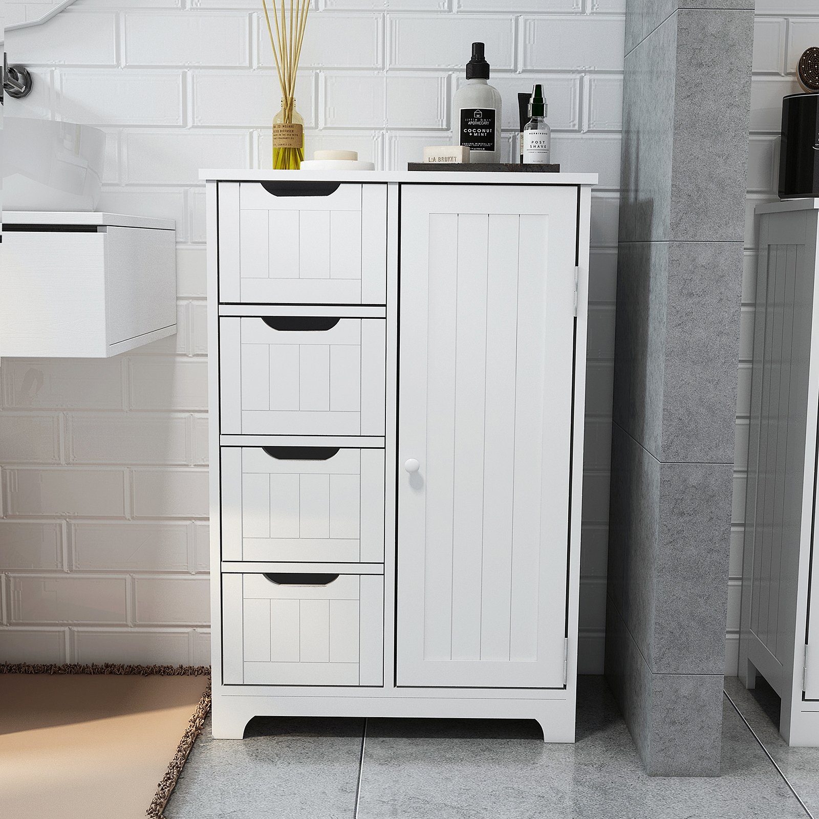 Mondeer Badkommode Badezimmerschrank, Wandkommode mit 4 Schubladen und 1 Tür, Verstellbar, Weiß