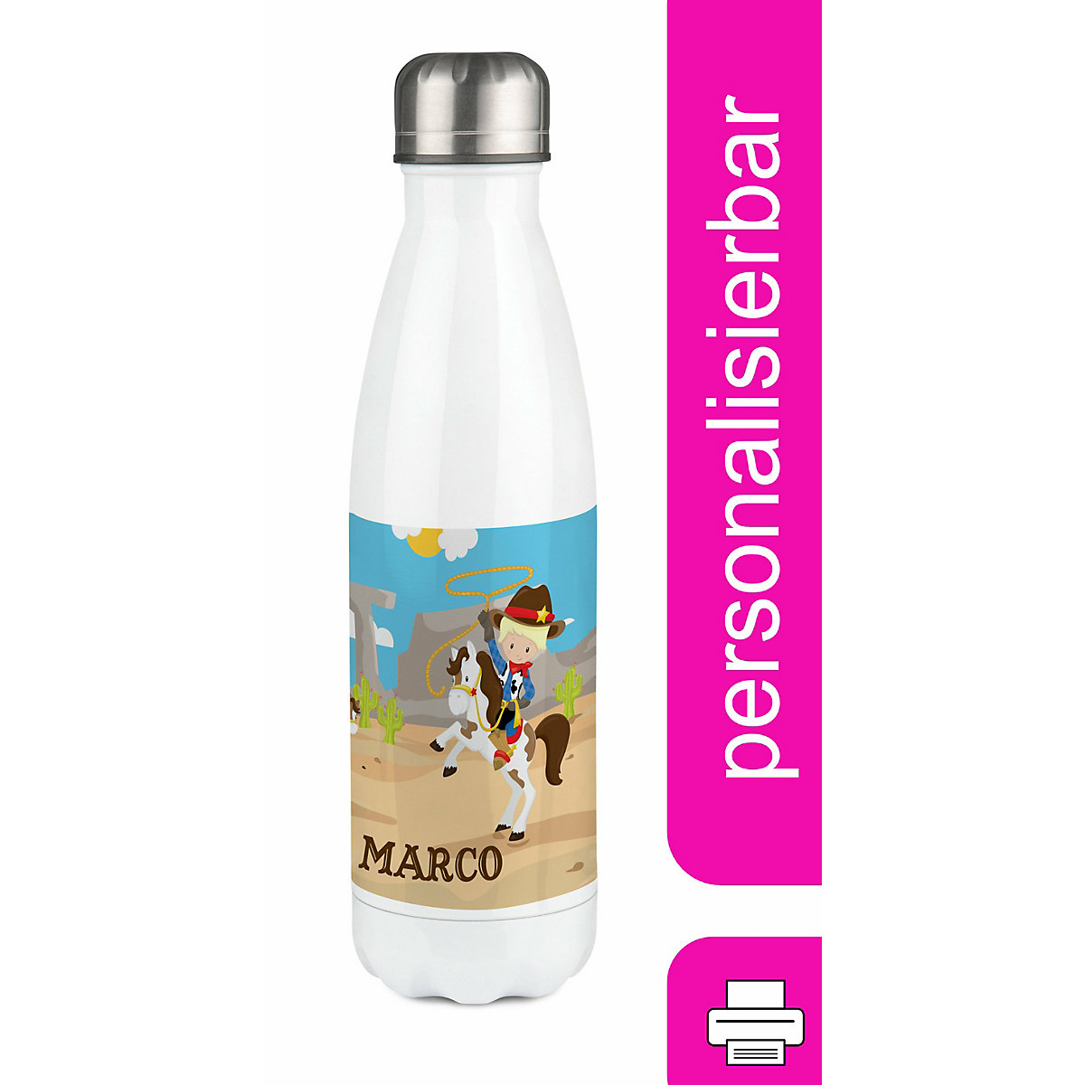 Edelstahl Kinder Thermoflasche / Trinkflasche bunt Cowboy Spülmaschinenfest, Auslaufsicher, Bruchfest, Doppelwandig, Für Heißgetränke geeignet, Mit Deckel, Isoliert