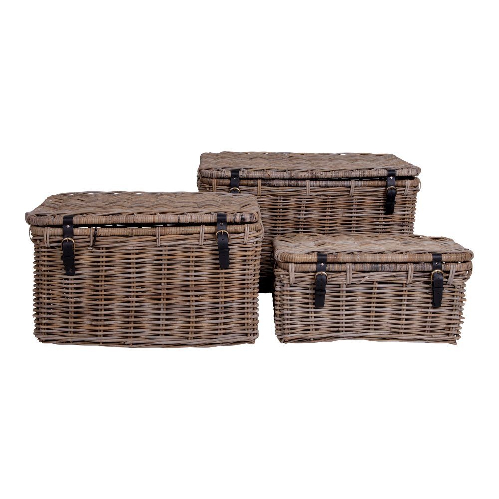 LebensWohnArt Truhe 3 tlg.Truhen-Set KOPED Kubu-Rattan + Ledergriffen