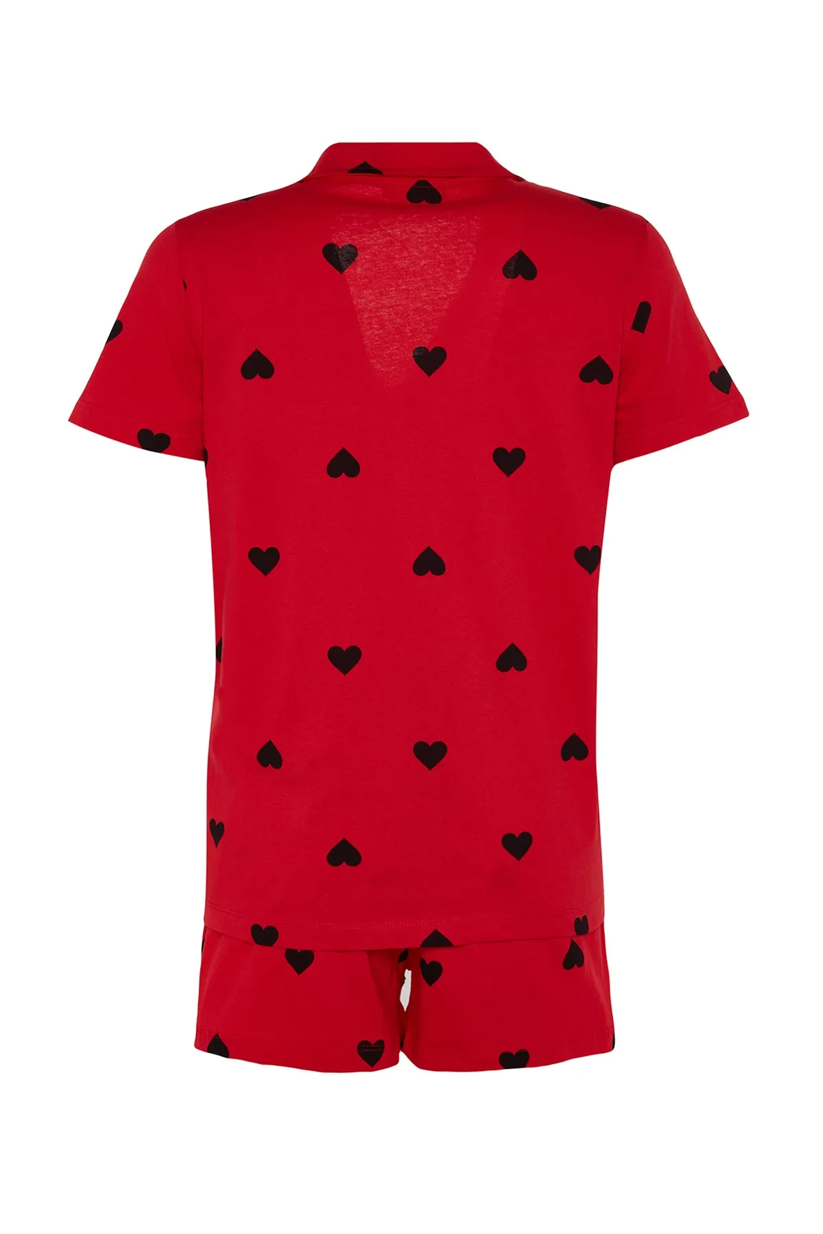 Trendyol Collection  Rotes, gestricktes Pyjama-Set mit Hemd und Shorts aus 100 % Baumwolle mit Herzmuster THMSS21PT0756