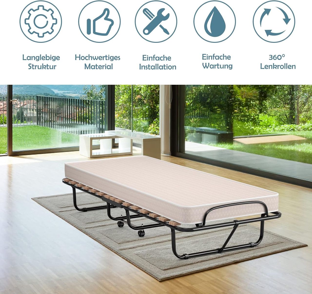 Costway 80x190cm Gästebett Klappbar, Faltbares Faltbett mit Matratze aus Rückstellschaum