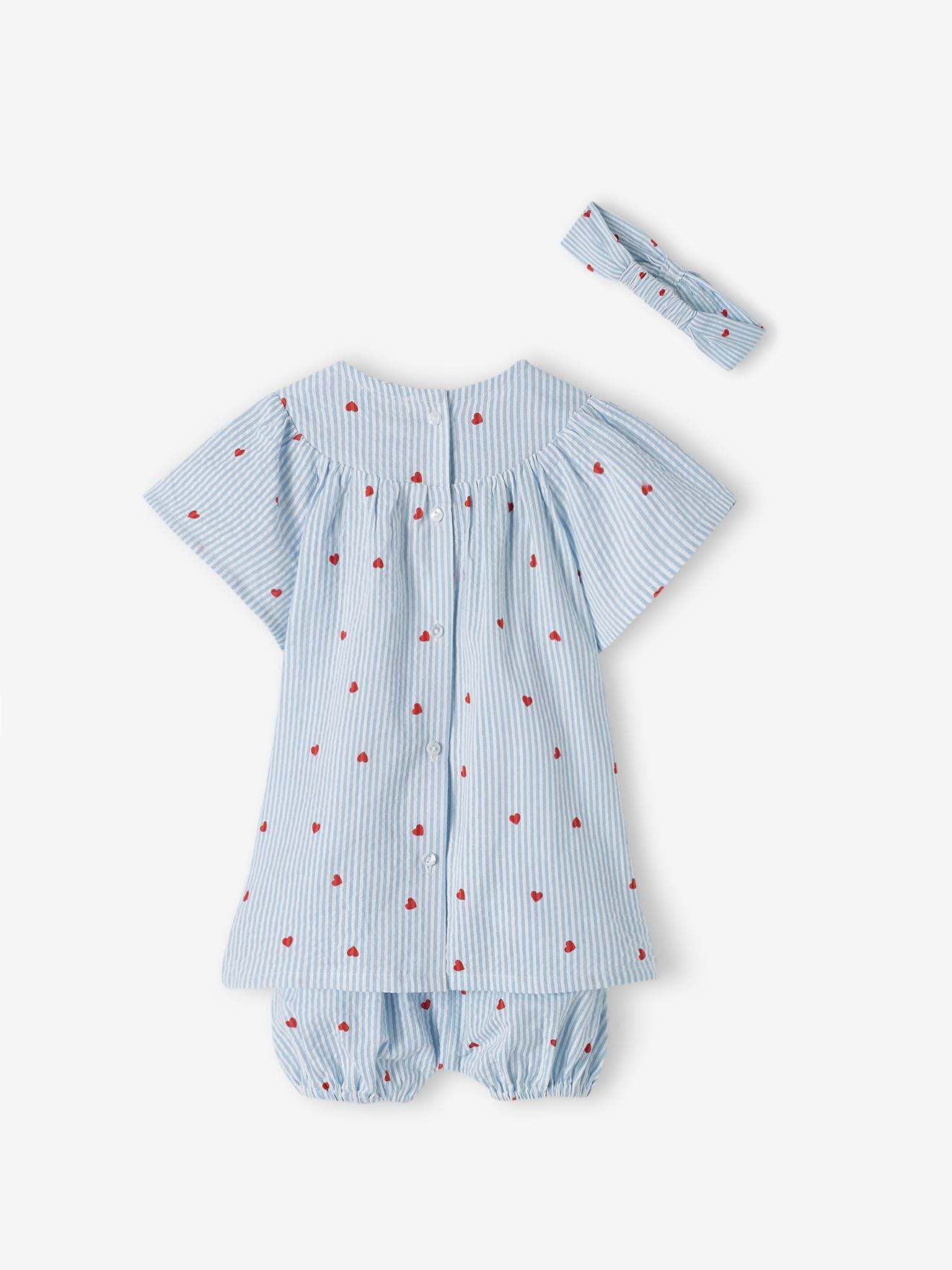 Vertbaudet Baby-Set aus Seersucker: Kleid, Shorts & Haarband - blau gestreift