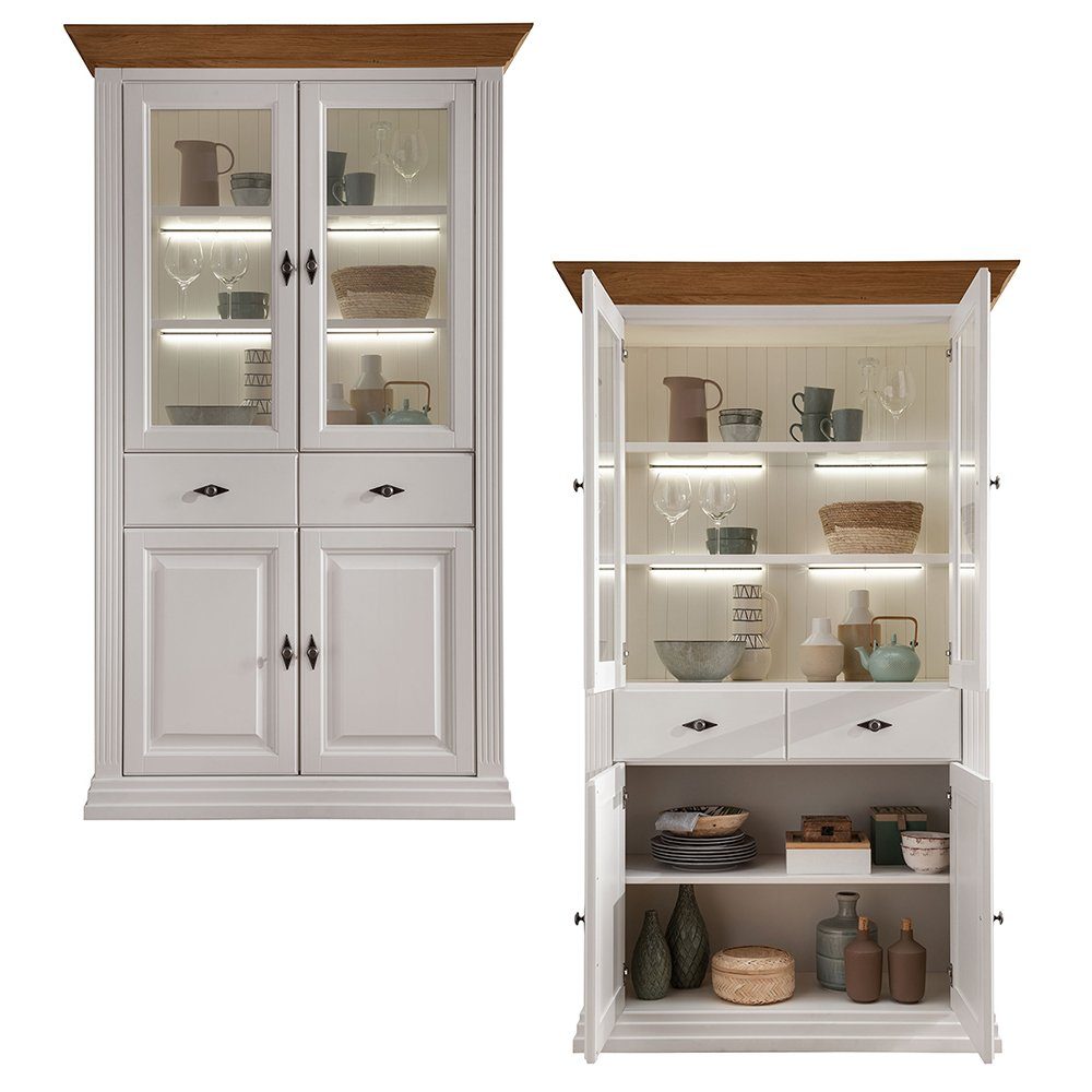 Lomadox Esszimmer-Set ESBJERG-69, (Spar-Set, 5-St), Kiefer weiß lackiert mit Eiche geölt, Landhausstil, inkl. Beleuchtung