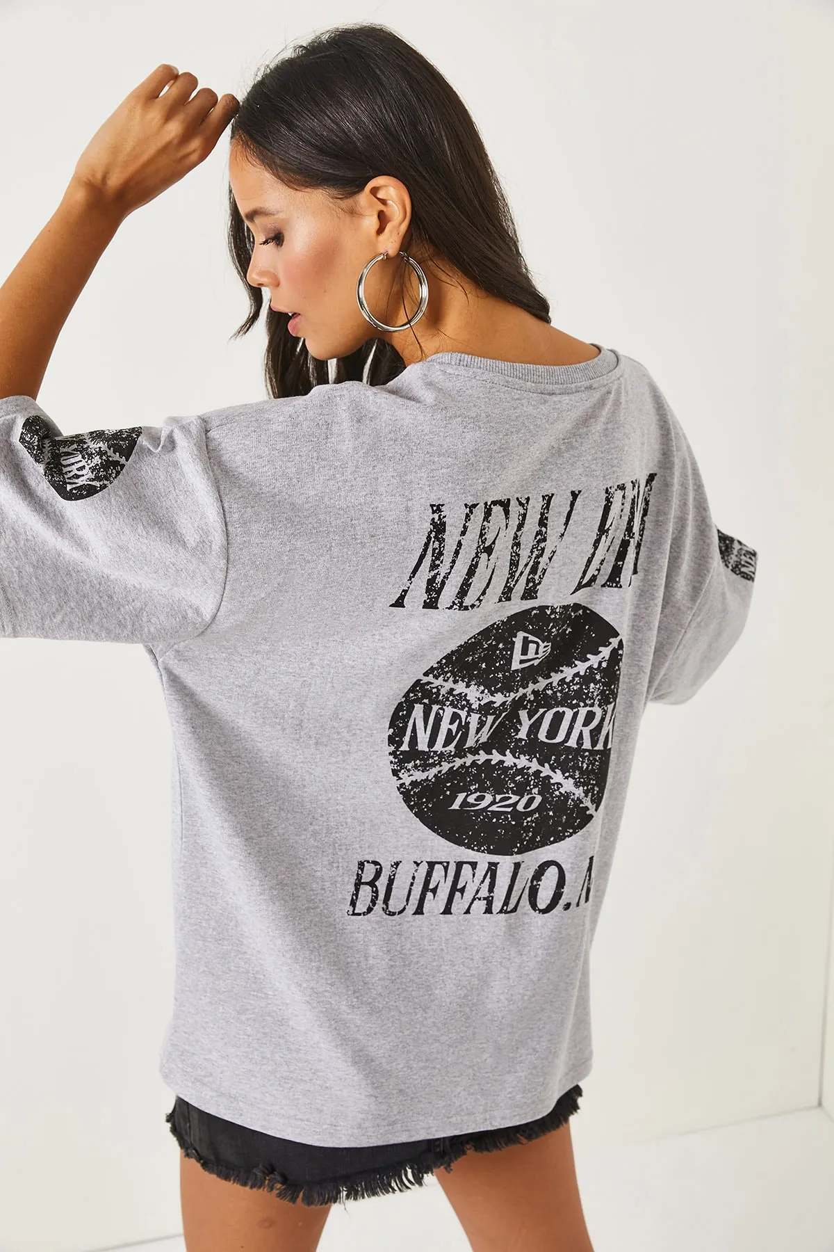 Olalook  New York Graues Unisex-Oversize-T-Shirt mit 2-Faden-Aufdruck auf der Vorderseite und Rückseite TSH-19000696