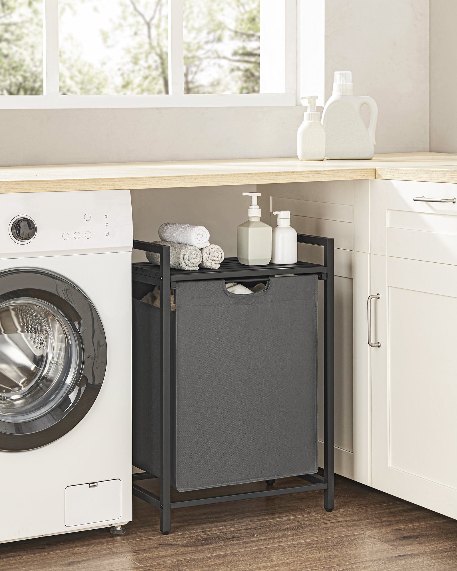 VASAGLE Wäschekorb, mit Ablage, Wäschesack abnehmbar, Metallrahmen, 65 L