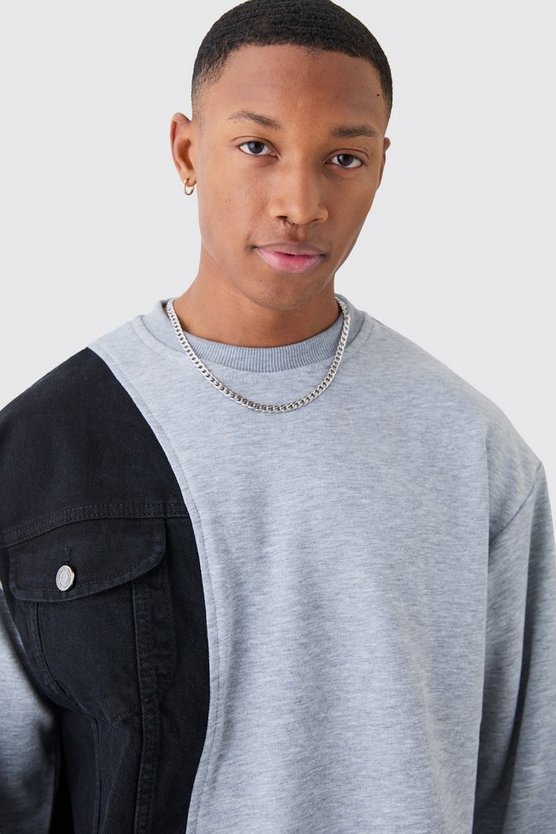 Kastiges gespleißtes Oversize Sweatshirt aus Jersey und Denim