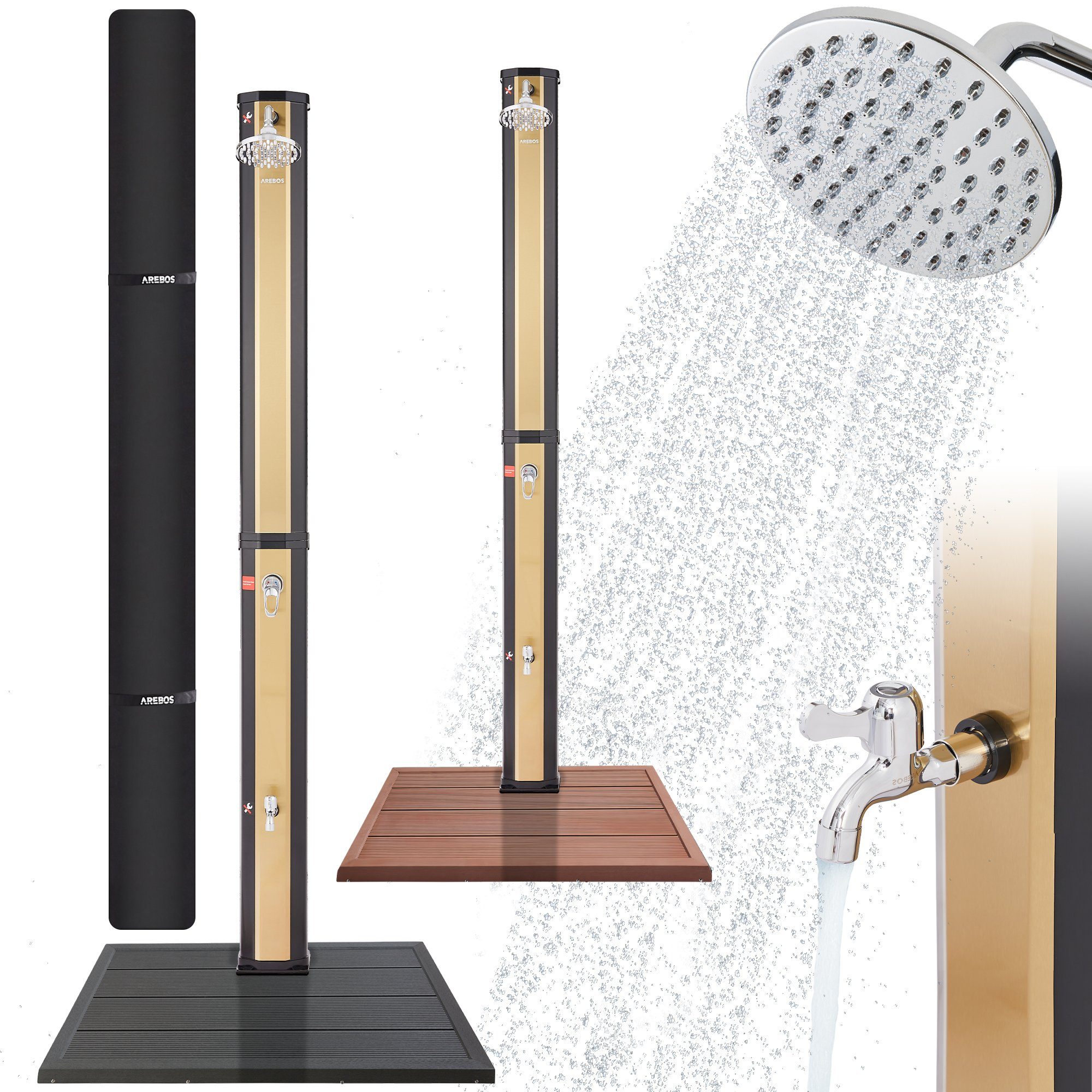 Arebos Solardusche 35L mit Handbrause&Thermometer Schwarz/golden (Set, mit Bodenplatte)