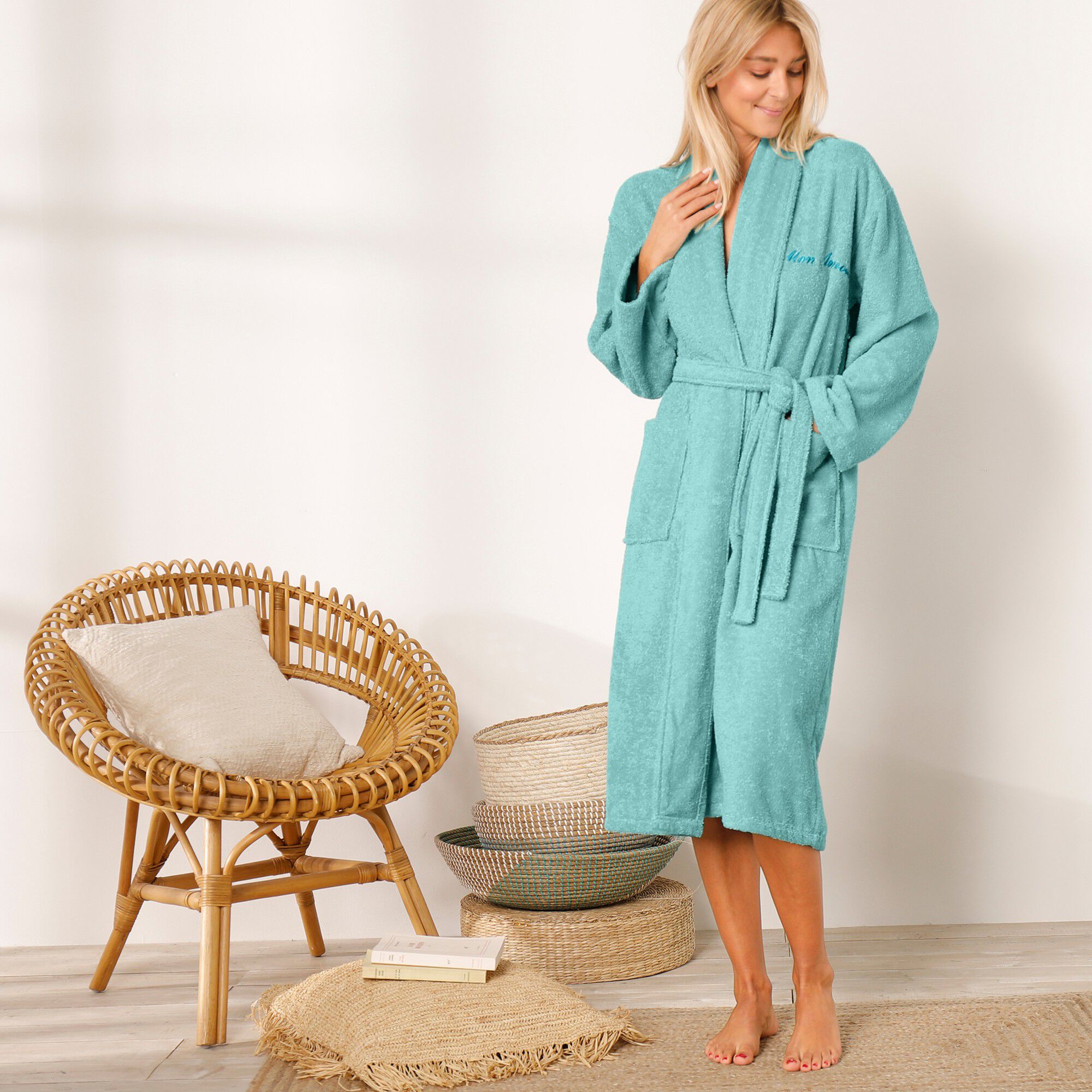 Peignoir mixte adulte éponge bouclette col châle personnalisable