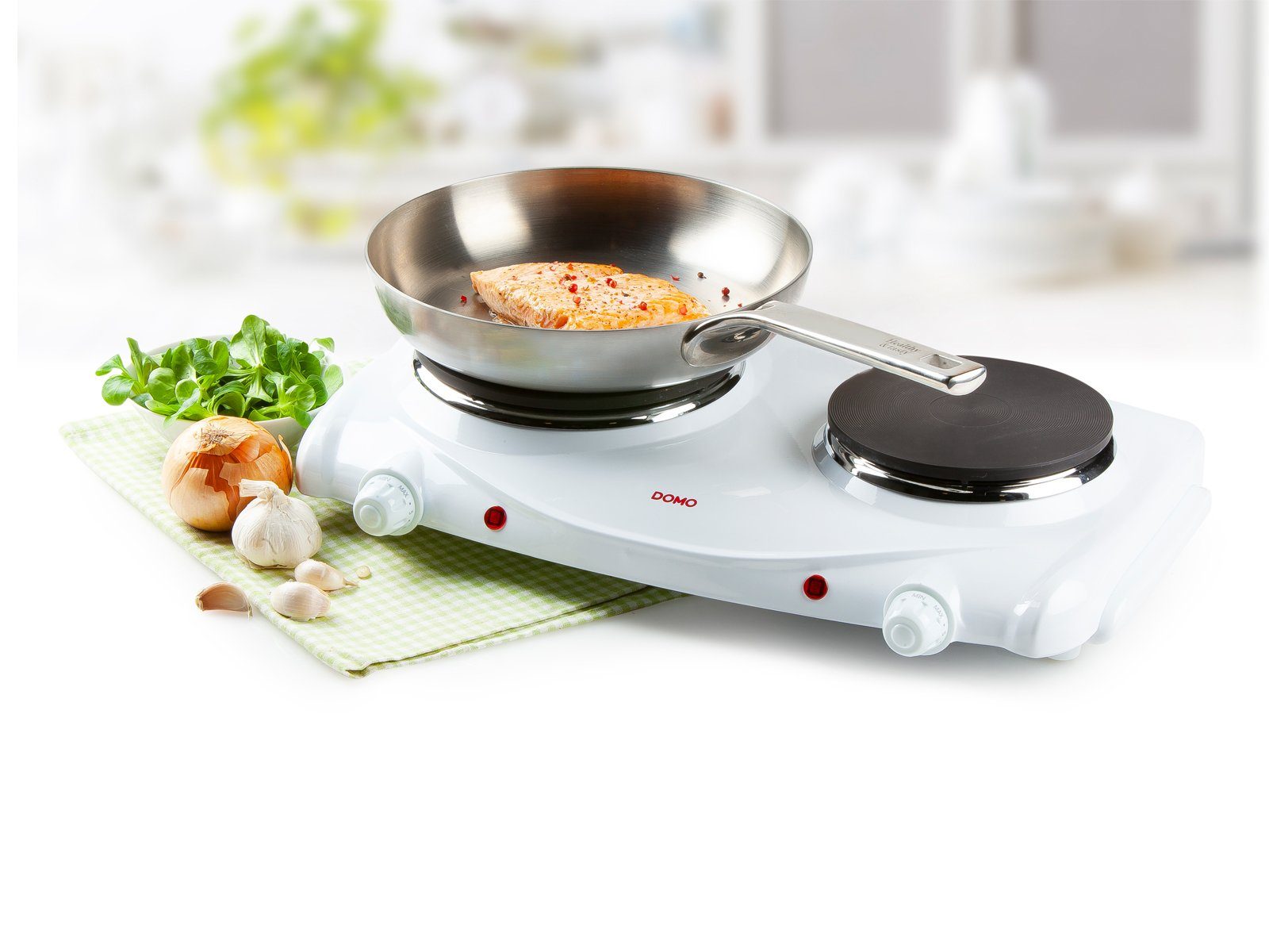 Domo Doppelkochplatte, Mobiles elektrisches 2er Platten autarkes Kochfeld 15,5/18,5cm Camping