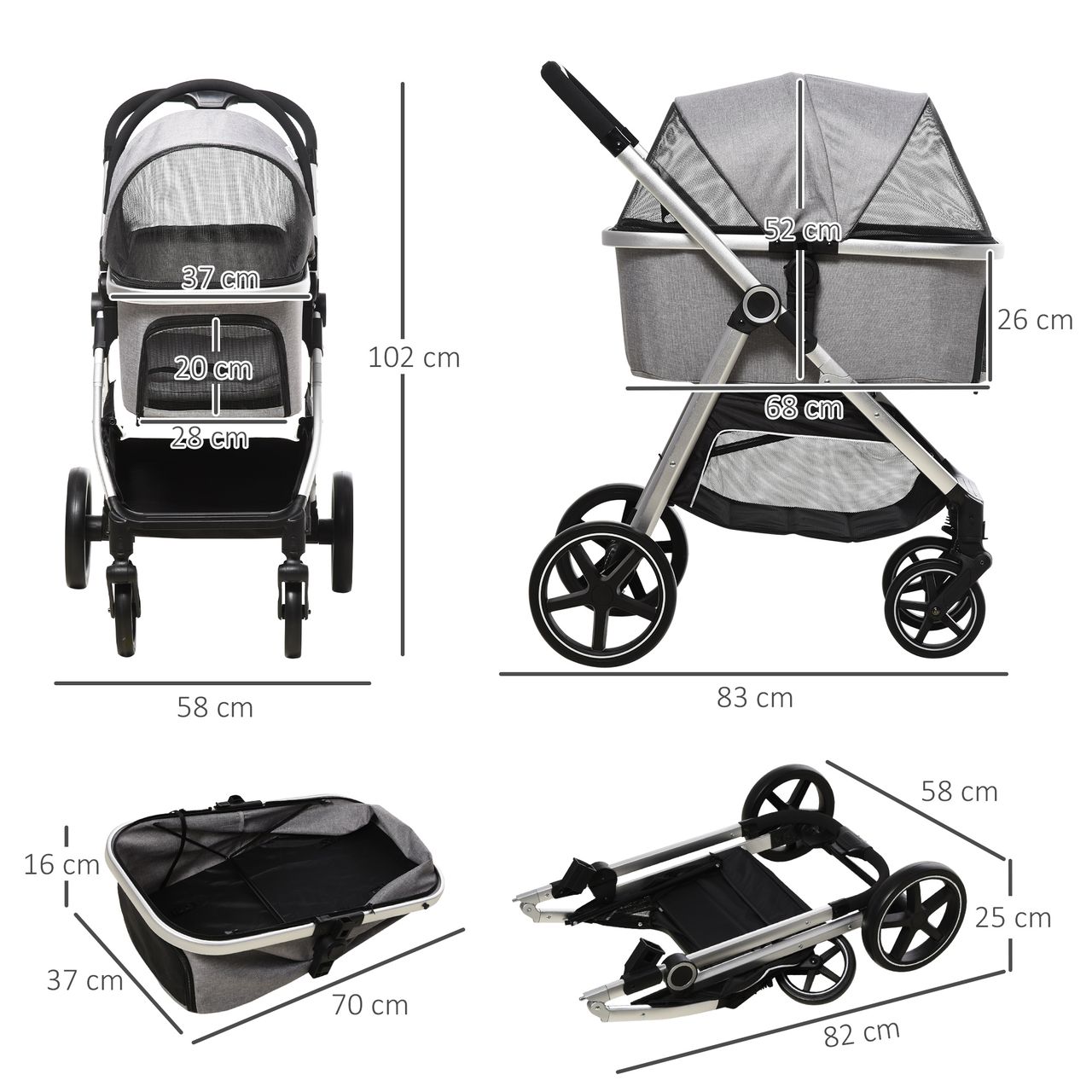 PawHut Hundewagen, 2 in 1 Hundetrolley, Tragetasche, faltbarer Hundebuggy, Grau