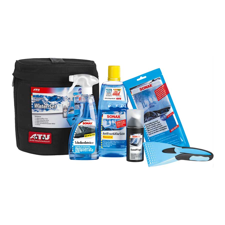 SONAX 764200 Winter-Set ATU mit GummiPflege, ScheibenEnteiser, KlarSichtMicrofaserTuch, AntiFrost&KlarSicht Konzentrat und Eiskratzer - ATU