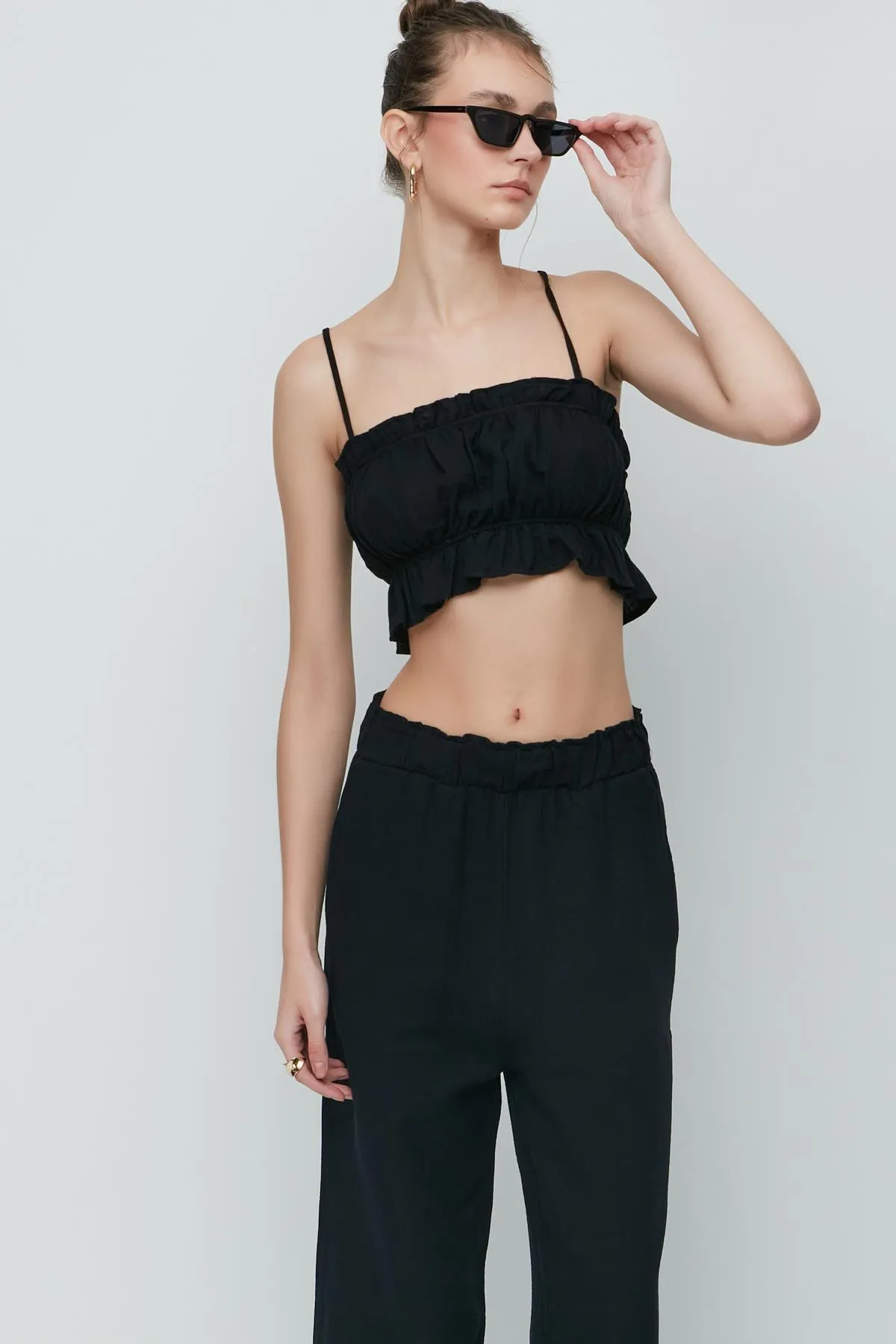 C&City  Crop-Bustier-Hosen-Set aus Bio-Baumwoll-Musselin 9124 Schwarz