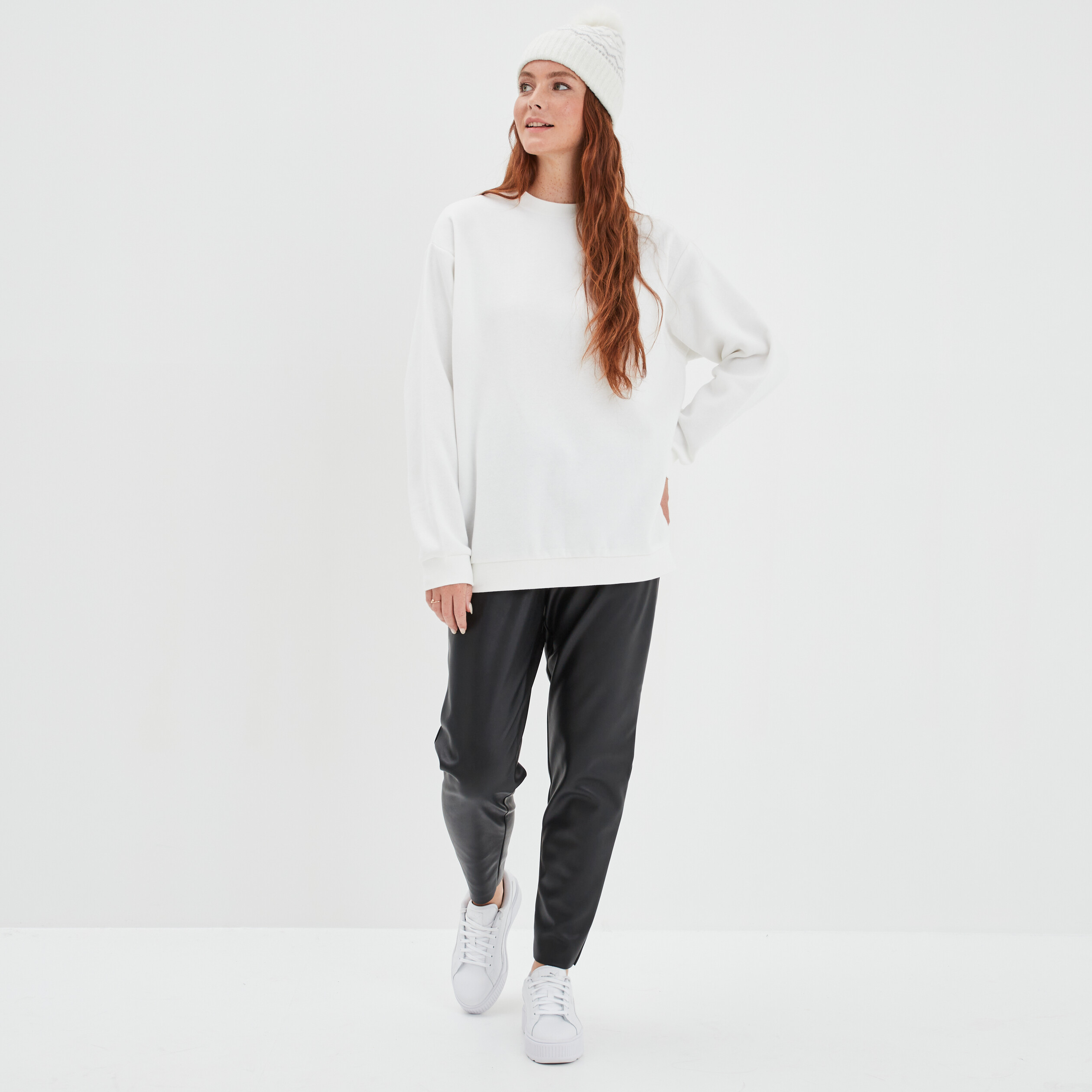 Sweat oversize mi-long col rond blanc femme | La Halle