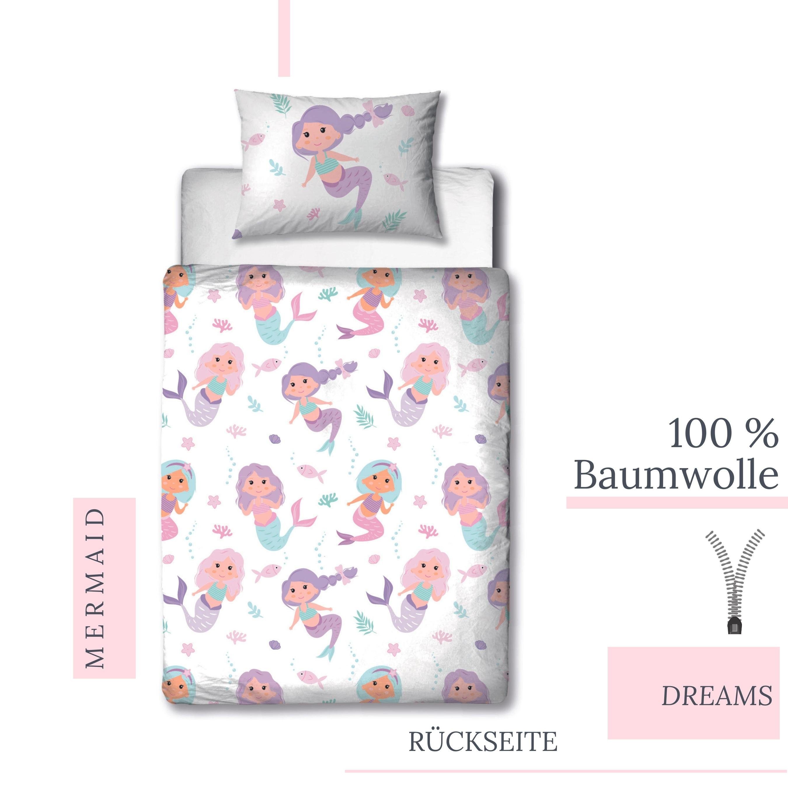 Kinderbettwäsche Meerjungfrau 100x135 + 40x60 cm, 100 % Baumwolle, MTOnlinehandel, Biber, 2 teilig, Mermaid Dreams Babybettwäsche