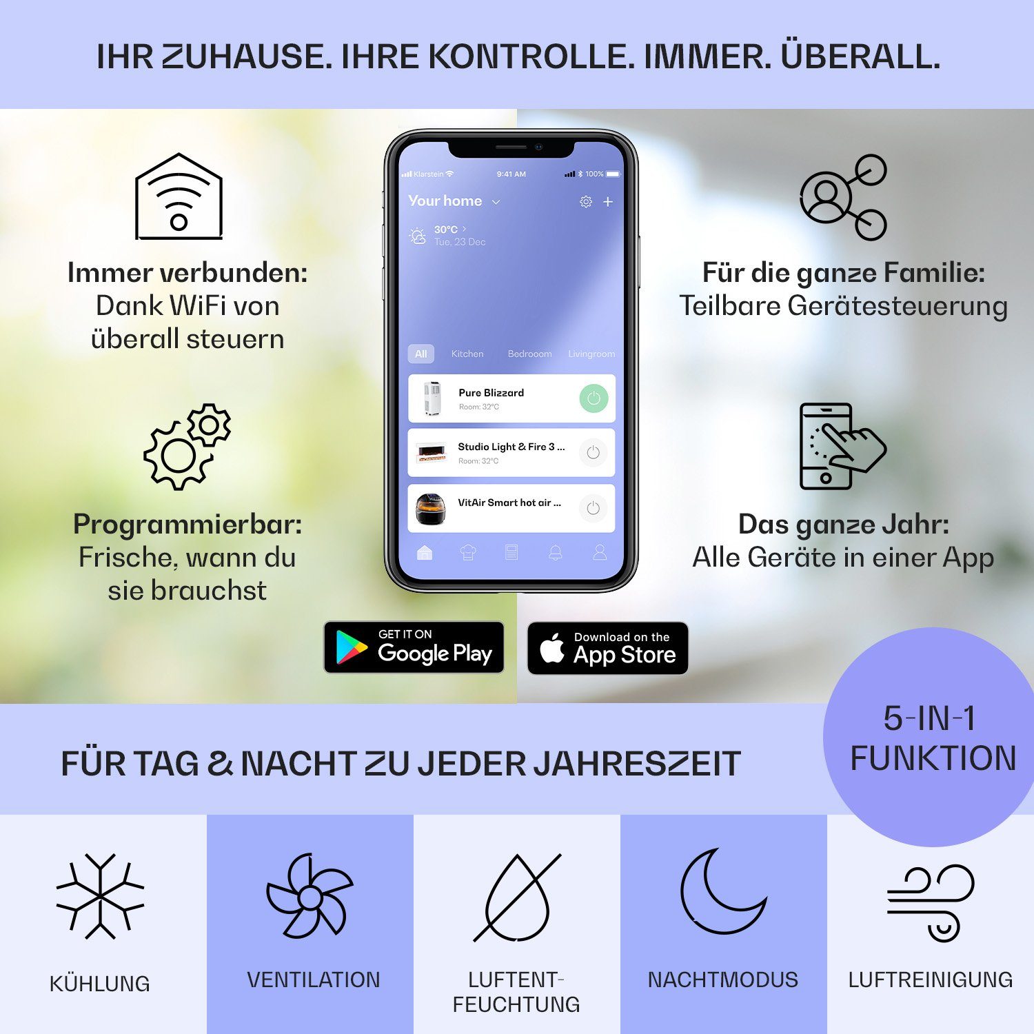 Klarstein Klimagerät Kraftwerk Smart, Klimagerät mobil Air Conditioner Kühlgerät Luftkühler