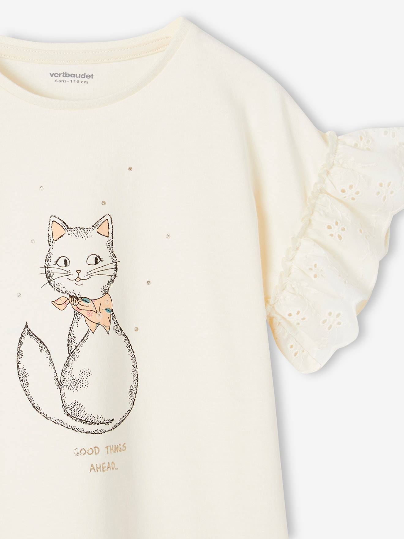 Vertbaudet Mädchen T-Shirt mit Volantärmeln, Bio-Baumwolle - wollweiß katze
