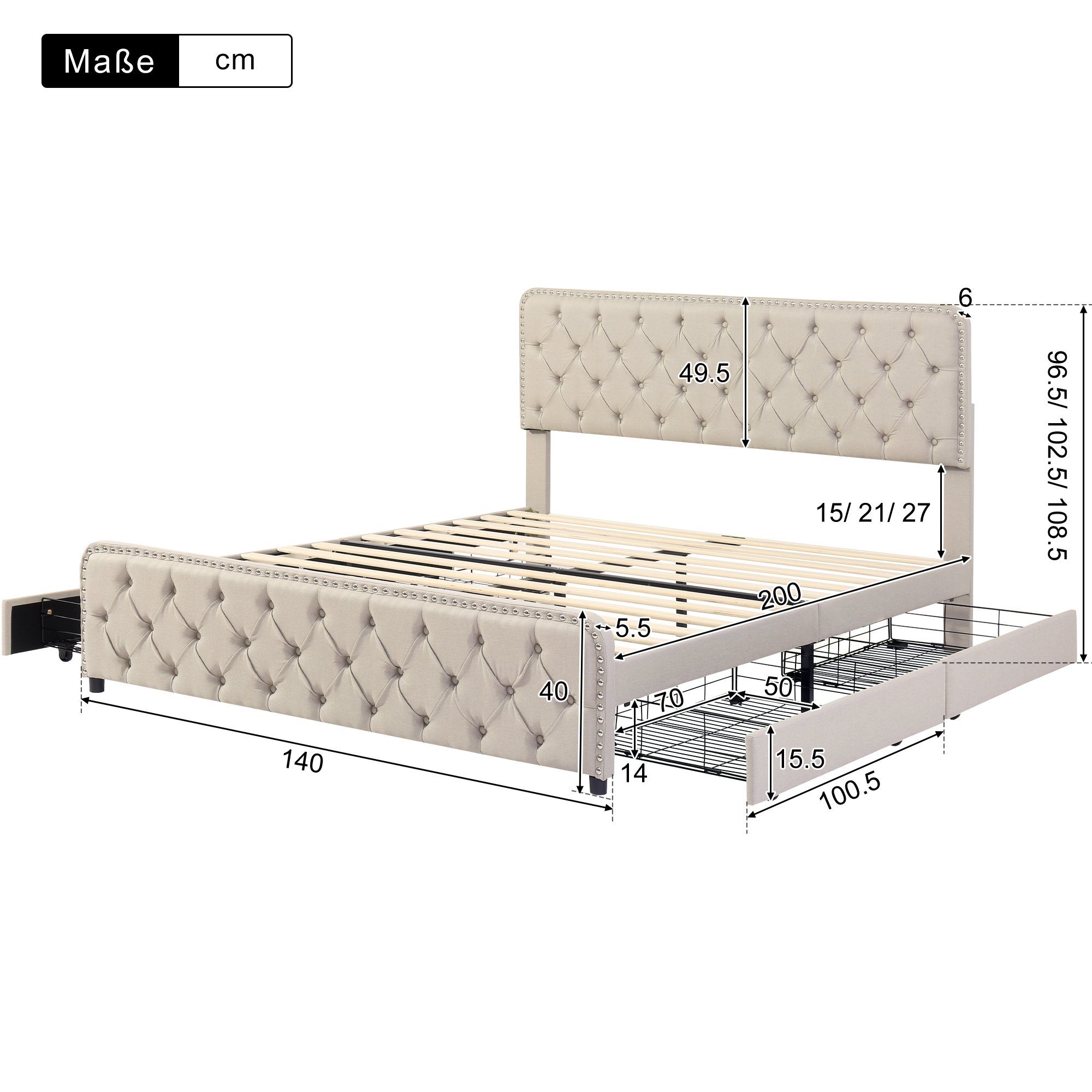 Flieks Polsterbett, Leinen Doppelbett höhenverstellbares kopfteil + 4 Schubladen 140x200cm