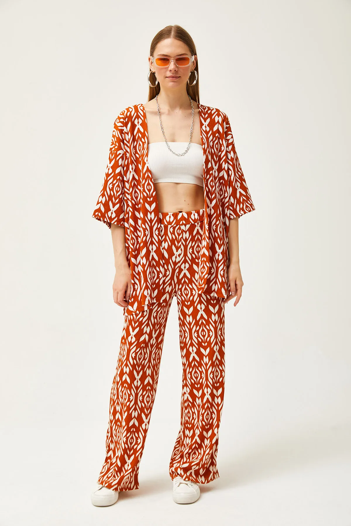 Olalook  Damen Zimt Oberteil Kimono Unterteil Hose Gemusterter Anzug TKM-19000279