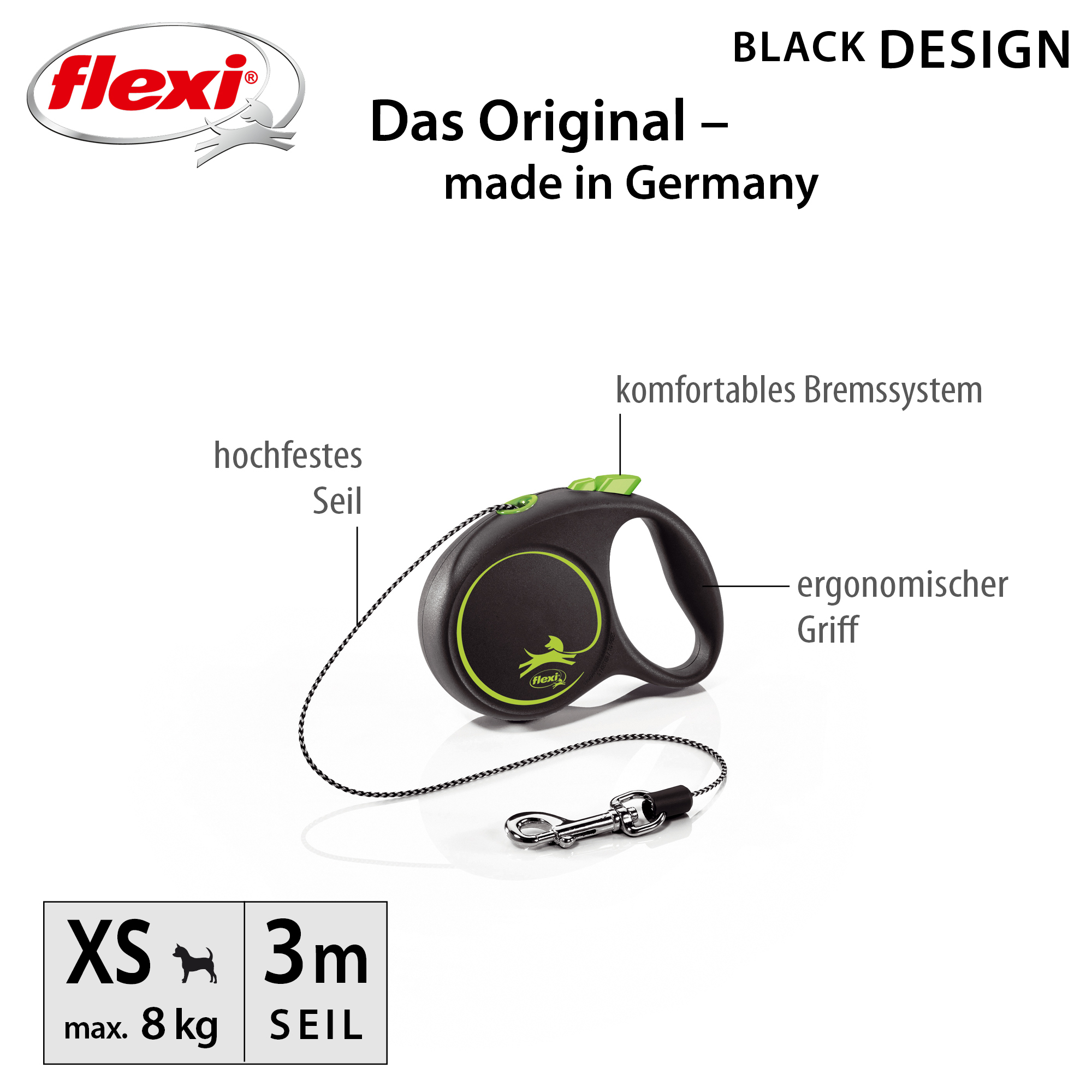 Flexi Hundeleinen Flexi Black Design Seil grün XS, 3 m, 8 kg