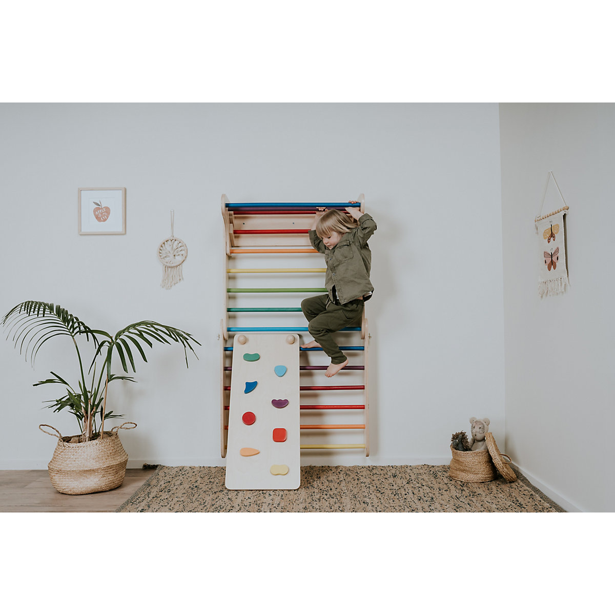 Klettergerüst Sprossenwand mit Rampe und Rutsche Indoor, Kletterdreieck Sprossenwand aus Holz, Klettern Innnen Kleinkind