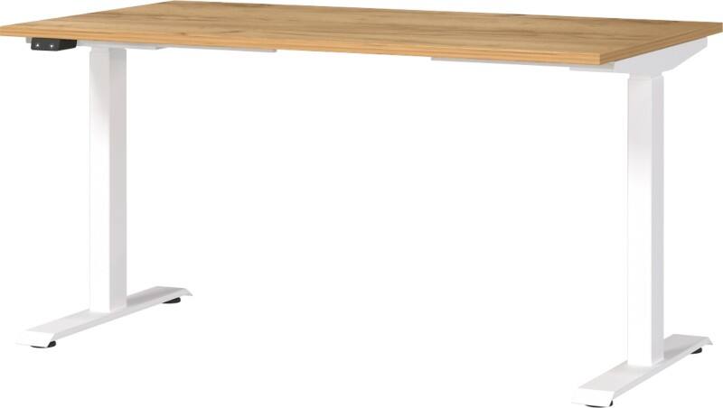 GERMANIA Sitz-Stehschreibtisch Metall, Spanplatte Eiche Weiß T-Fuß 1.400 x 800 x 1.200 mm