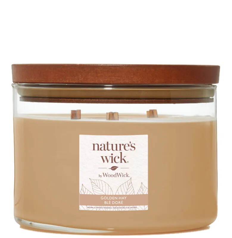 Woodwick Natures Wick свећа у стаклу са 3 дрвена фитиља Златно сено
