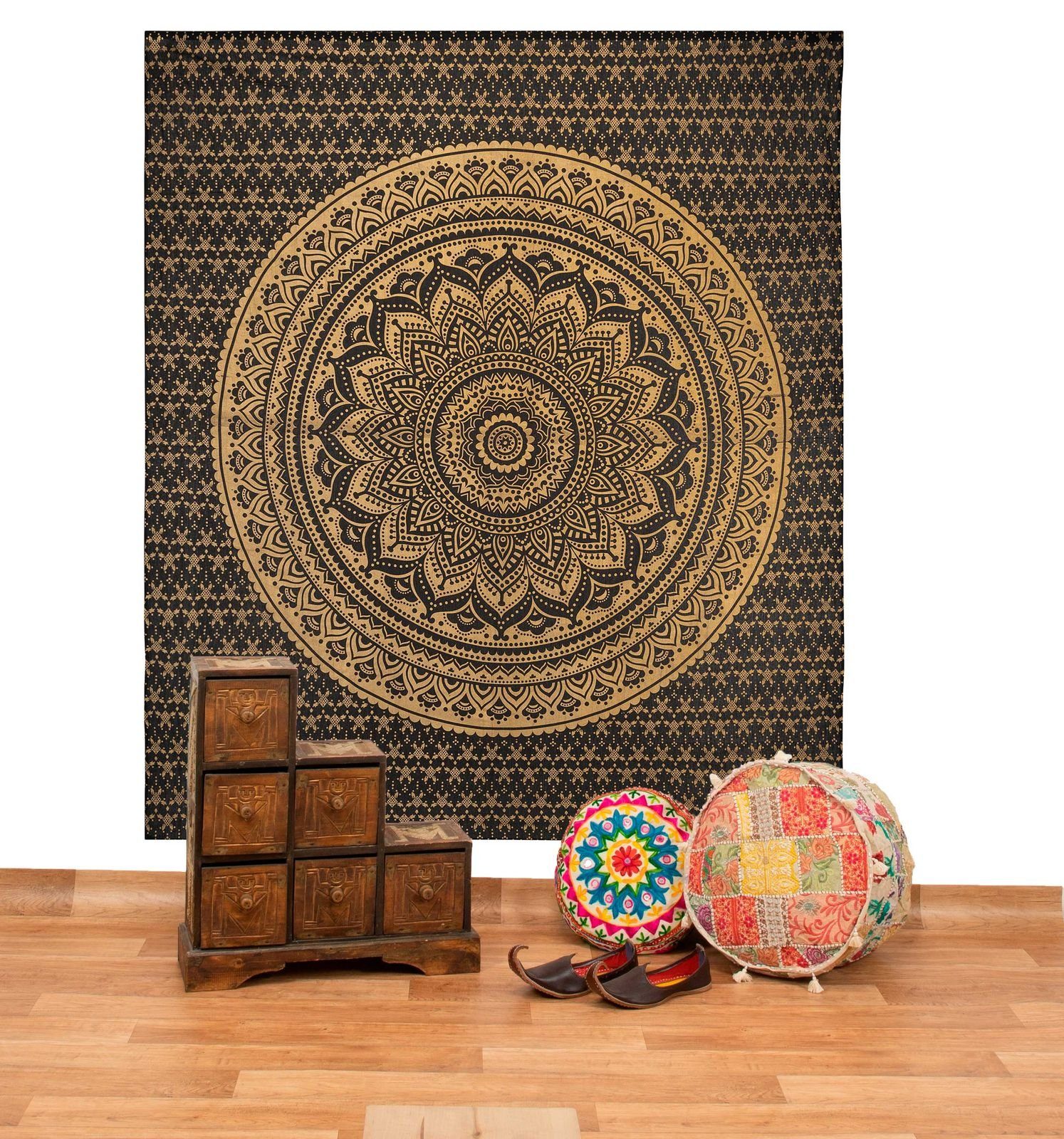 Wandteppich Tagesdecke Wandbehang Dekotuch Lotus Mandala Schwarz-Gold ca.200x230cm, KUNST UND MAGIE