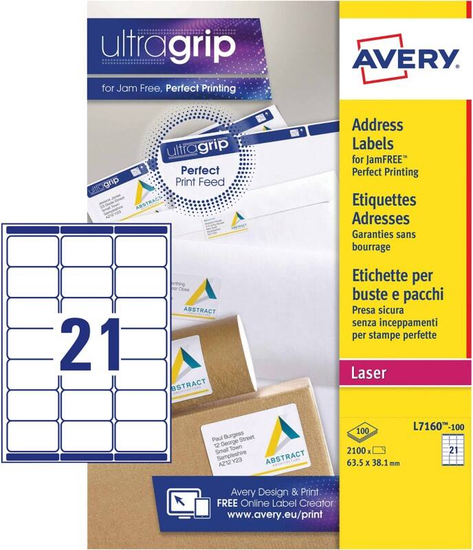 AVERY Zweckform Abziehhilfe QuickPEEL,ultragrip Adressetiketten L7160-100 haftend DIN A4 Weiß 63,5 x 38,1 mm 100 Blatt à 21 Etiketten