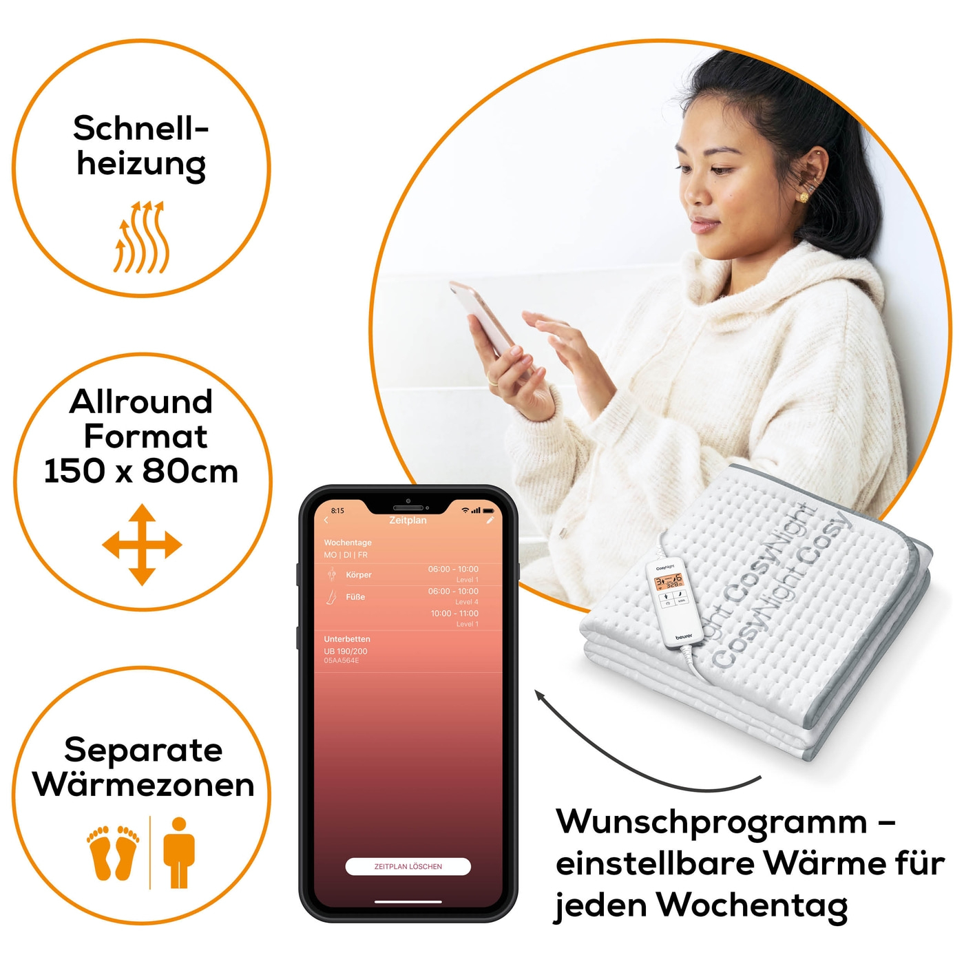 Beurer Komfort-Wärmeunterbett UB 190 CosyNight-App-gesteuertes Wärmeunterbett mit 2 Wärmezonen & Wärmerückschaltung - 150 x 80 cm