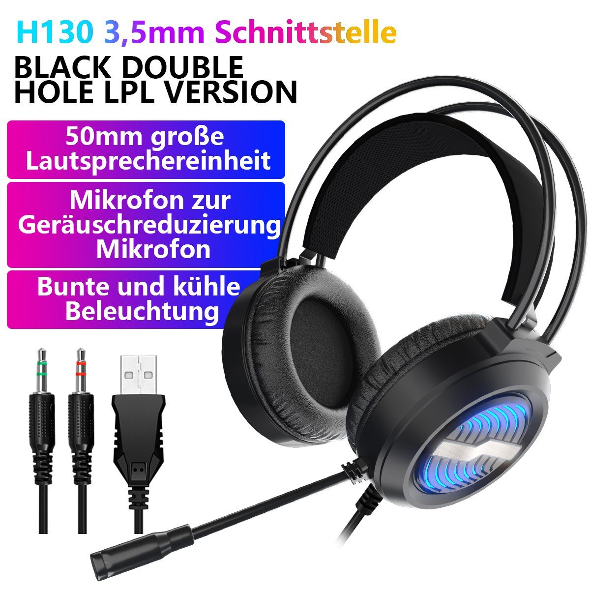 BUMHUM Gaming-Headset,Bunte LED-Beleuchtung, USB-Kabel Gaming-Headset (Over-Ear-Design: Gaming-Headset mit starkem Bass und Mikrofon)