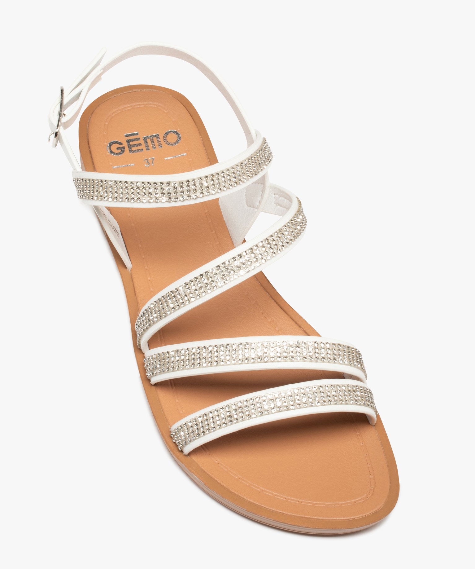 Sandales femme plates à brides strass unies blanc | GEMO