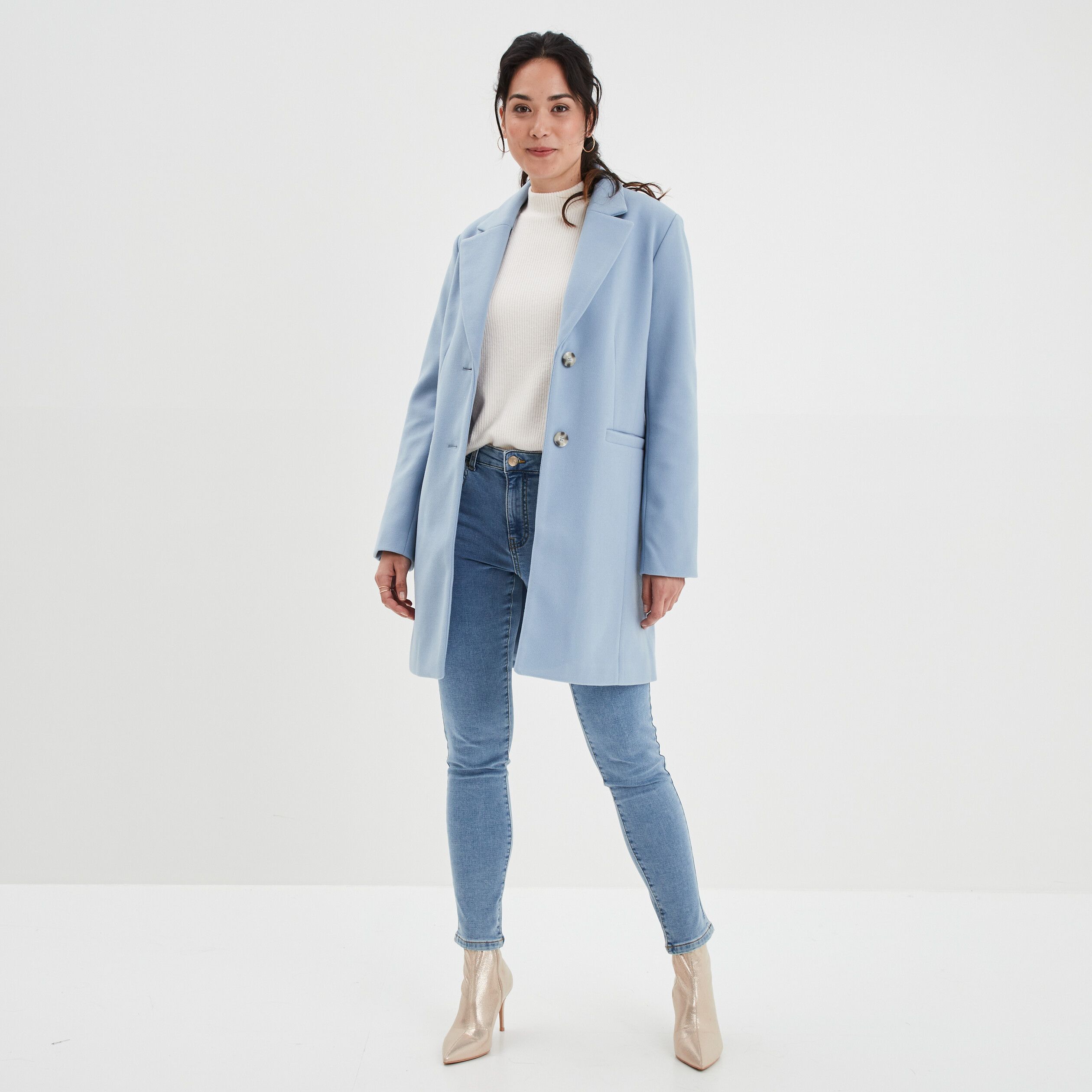 Manteau doublé long droit boutonné bleu gris femme | La Halle