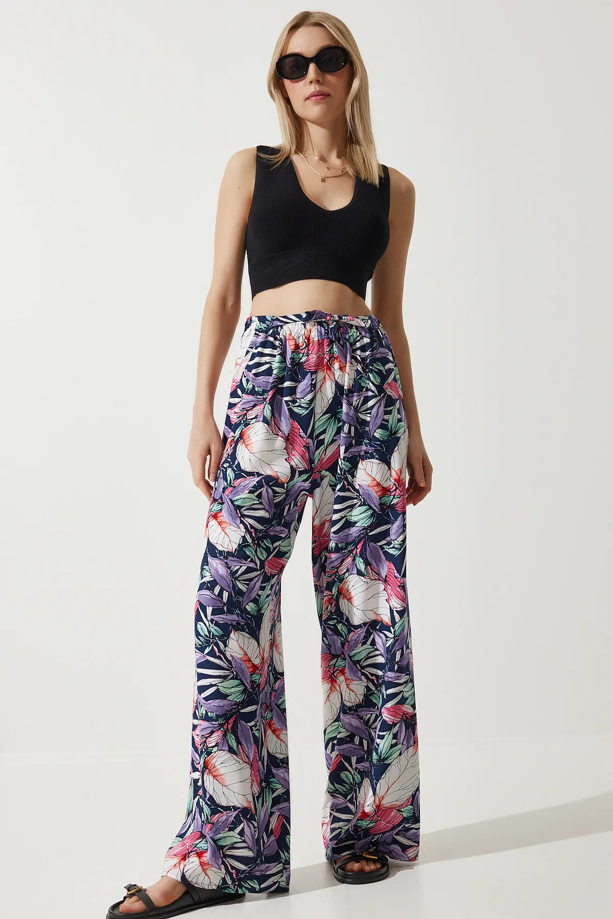 Happiness İstanbul  Damen Hyacinth High Waist Sommer Lose Viskosehose BH00354