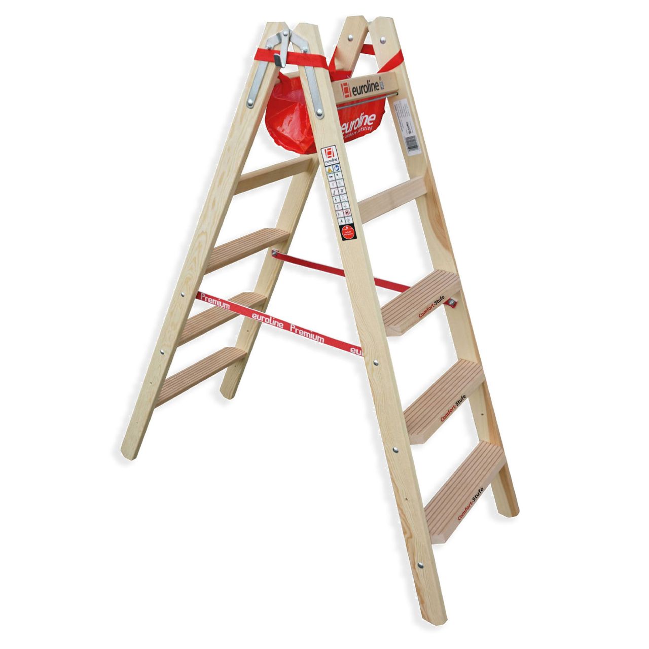 Bauzaunwelt Euroline Holz Stufenstehleiter mit Comfort-Stufen mit Werkzeugablage 2x5 Stufen