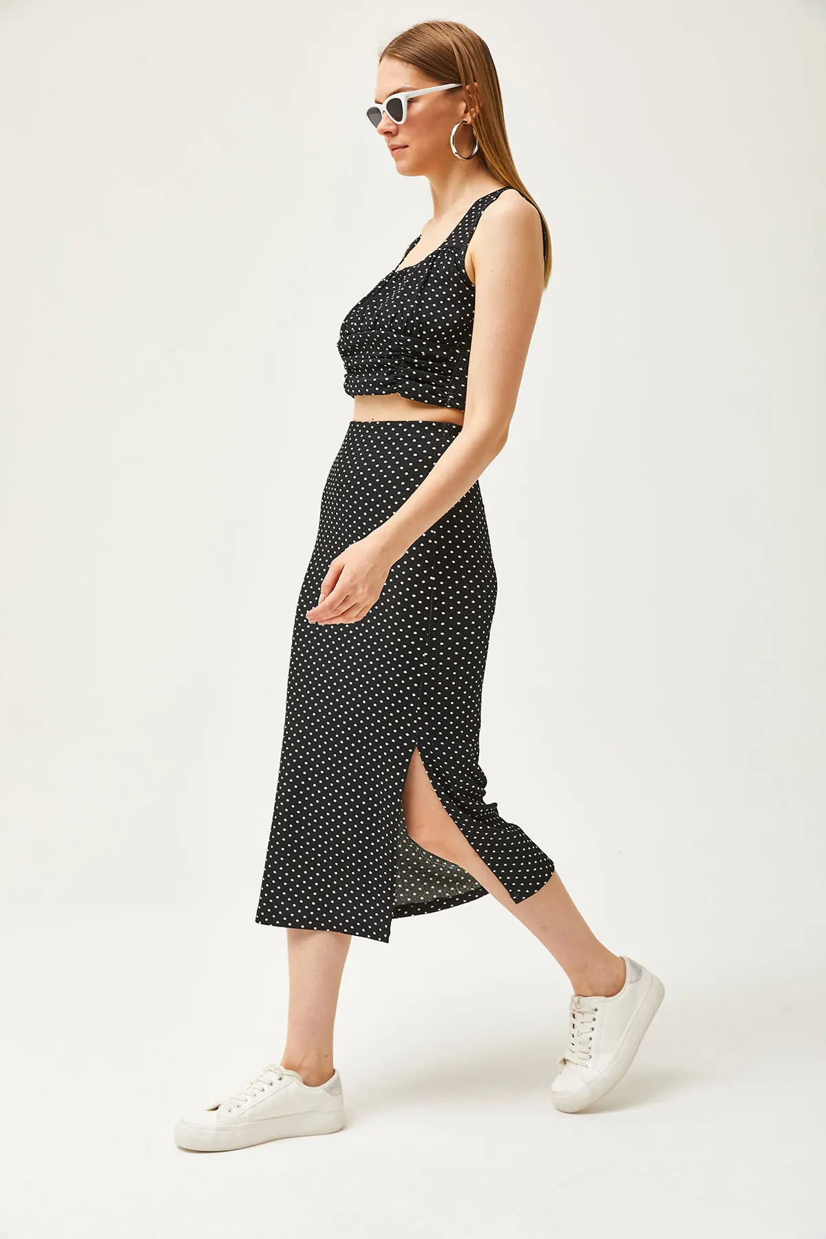 Olalook  Damen Schwarz Polka Dot Top Bluse Unterteil Rock Gestrickt Unterteil Top Set TKM-19000281